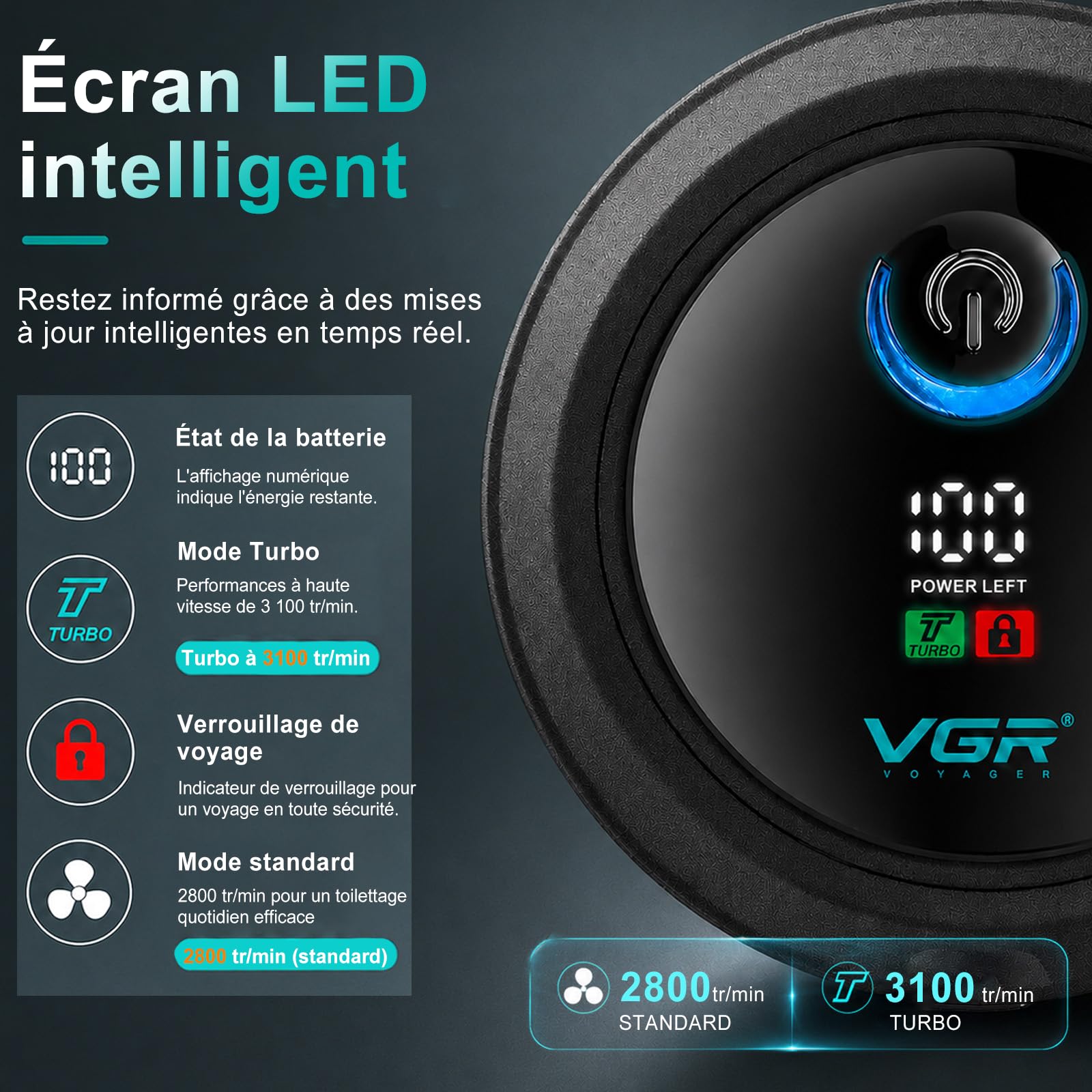 VGR 373 Rasoir Tete Chauve Homme Flottante 6D Étanche IPX5 Avec Écran LED