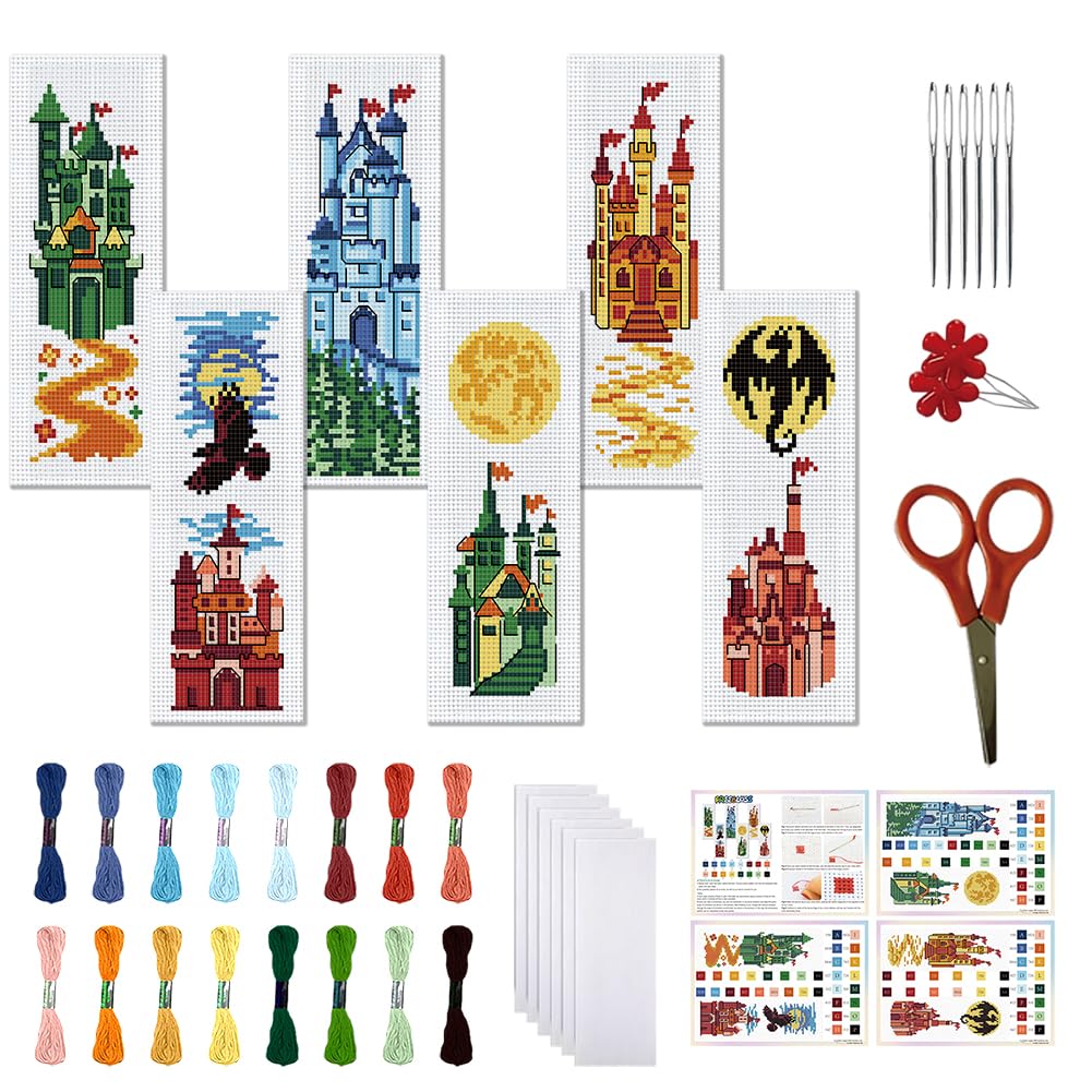 FREEBLOSS 6 Set Cross Stitch Bookmark Kit Cross Stitch Kit Castle Stamped Embroidery Bookmark with Instruction Cross Stitch Kits for Adults DIY Bookmark Kit 8.66''x3.15''