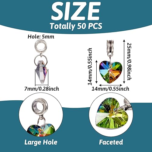 Vista 2 de Cheriswelry 50 dijes colgantes de corazón europeo de aleación de agujero grande, colgantes de vidrio galvanizado arcoíris con fianza para el día