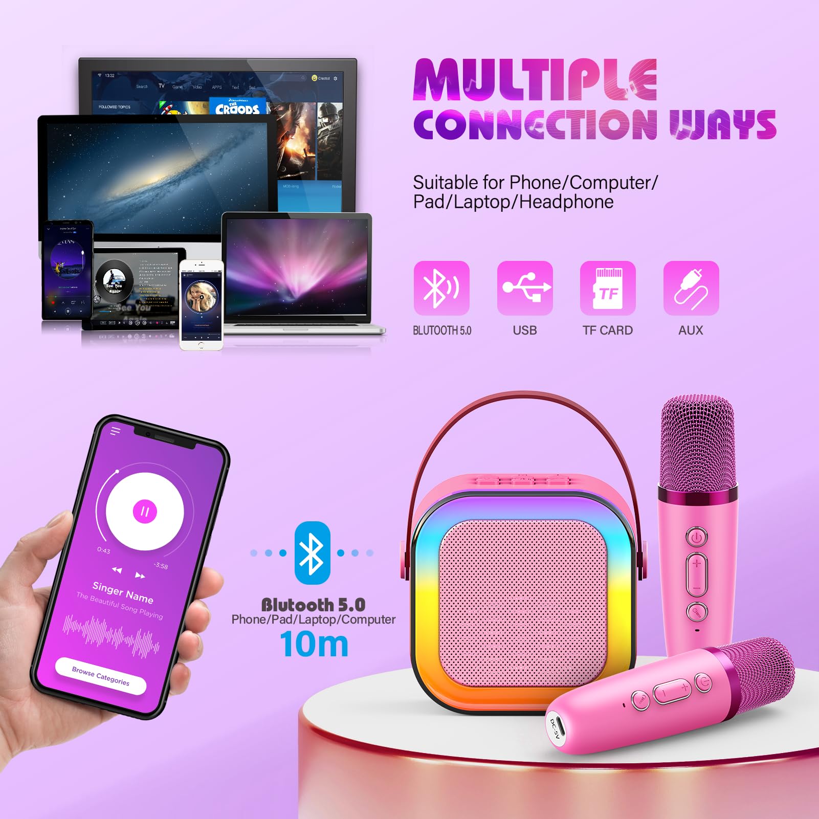 Dislocati Karaoke con Microfono, Microfono Karaoke Regalo Bambina 3-12 Anni Microfono Bambini Giochi Bambina 3-12 Anni Karaoke per Bambini Giocattoli Bambina 4-12 Anni