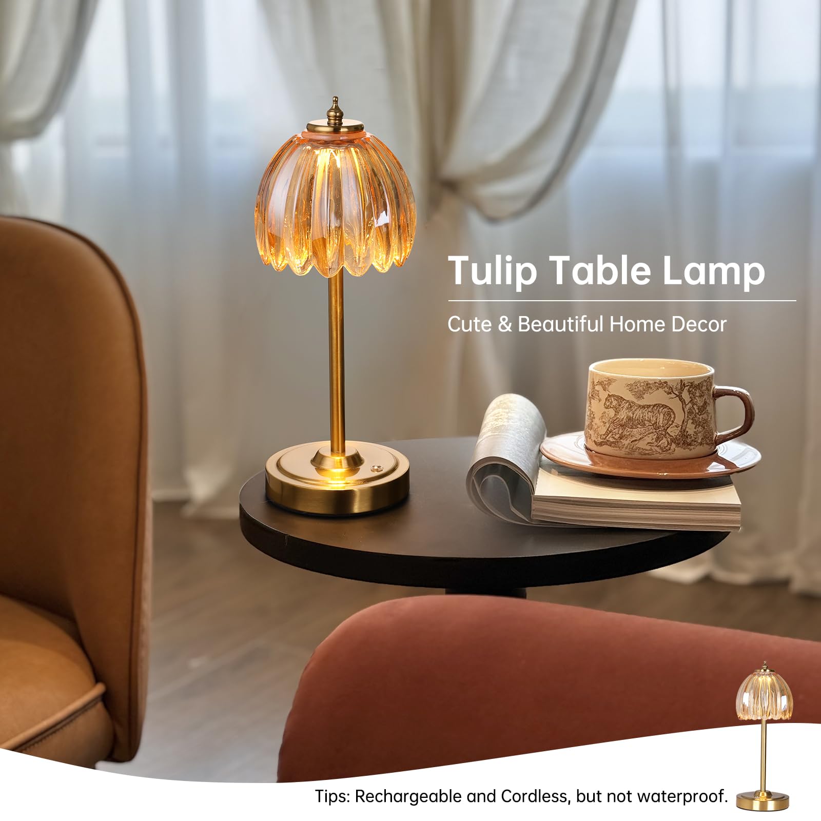 Shenmoyl Set mit 2 Tulpen-Tischlampen mit 5000 mAh Akku und Touch-Steuerung, schnurlose Tischlampe mit 3 Farben, dimmbare wiederaufladbare Tischlampen für Schlafzimmer, Wohnzimmer, Eingänge