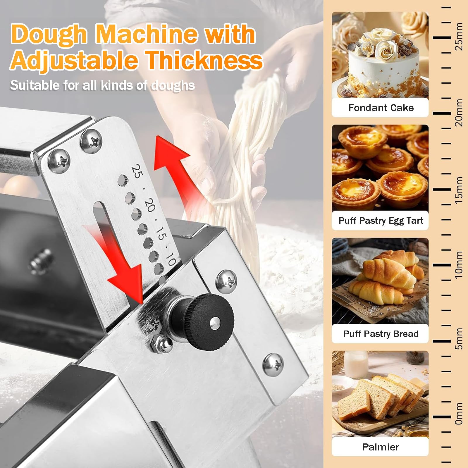 Laminoir à Pâte Compact, Laminoir Manuel en Acier Inoxydable, Laminoir Manuel à Planche, Épaisseur Réglable, Laminoir Pliable pour Boulangeries et Pâtisseries, Épaisseur Réglable de 0-25mm 103x58cm