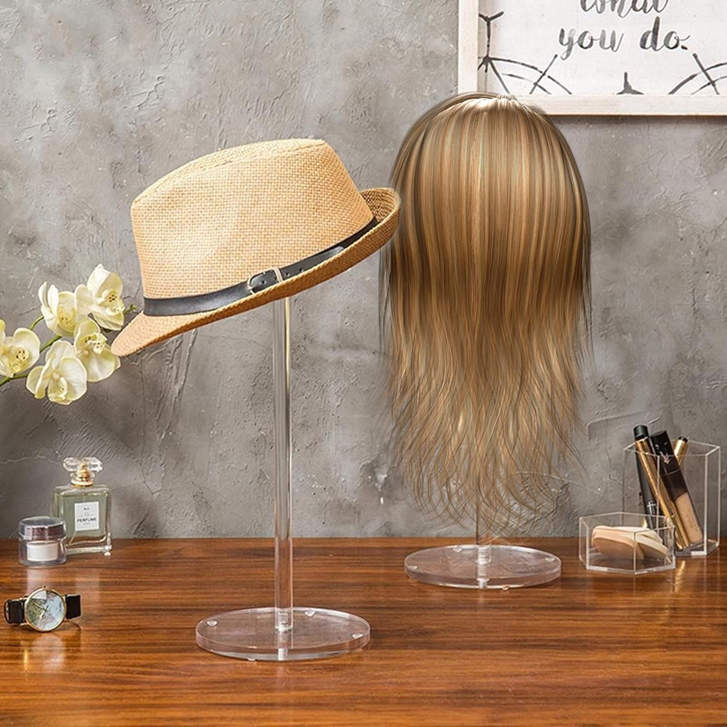 2pcs Espositore per Cappelli in Acrilico Trasparente per Esposizione con Base, Multifunzionale Cappello e Parrucca Scaffale Alzata Stand per Display Cappelli, Orologi Gioielli (30cm,Rotondo)