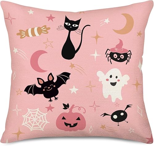 Fukeen Fundas de almohada decorativas de Halloween de 18 x 18 pulgadas de color rosa con diseño de gato, murciélago, araña, calabaza, fantasma, disponible en Yaxa Peru
