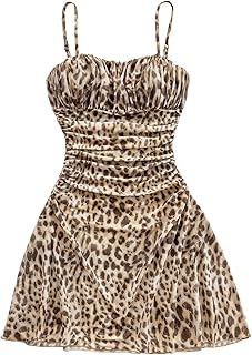 Women's Leopard Print Mini Dress Fitted Spaghetti Strap Mesh Slip Dress - Buy now