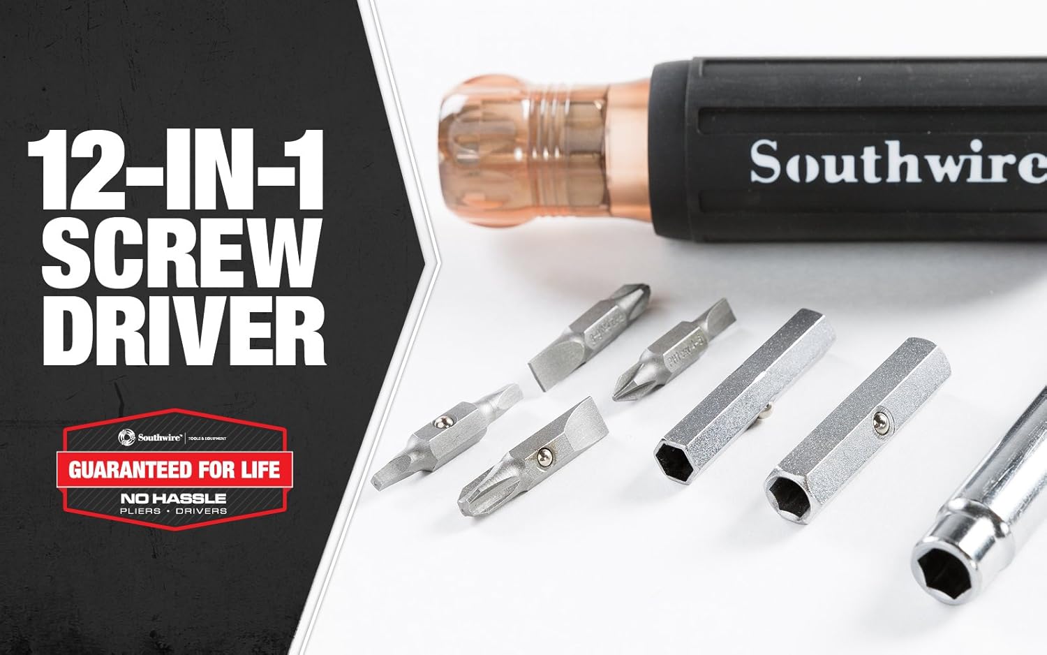 Southwire 59723940 12-In-1 Multi-Bit Screwdriver; Interchangeable Bits; Comfort Grip Handle; hex 1/4"; 5/16"; 3/8"; Phillips #1;2;3; slotted SL4-5;SL6-8;sl8-10; and square #1;2