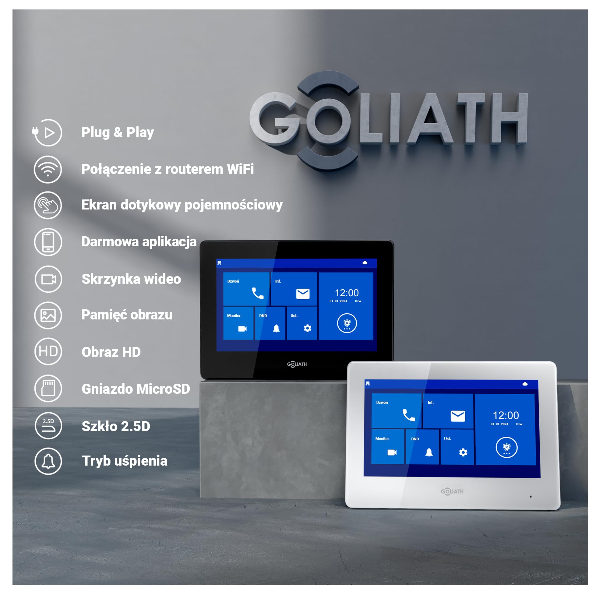 GOLIATH Basic Line wideodomofon do drzwi, 2 przewody, monitor 2 x 7, podtynkowy dzwonek do drzwi z kamerą, domofon z otwieraczem do drzwi i dzwonkiem, 1 dom rodzinny, Plug & Play, aplikacja na
