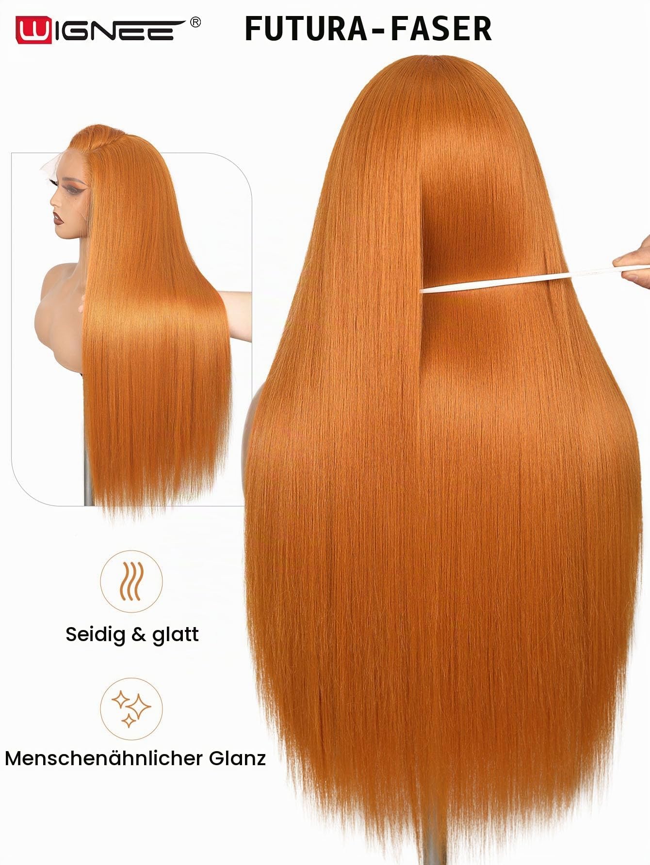 WIGNEE 13x6 Synthetische Spitze Frontperücke Vorgezogen Klebefreie Gerade Perücke 28 Zoll Lose Spitze Frontperücke mit Futura Haar Ginger