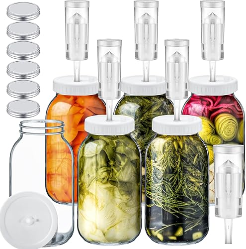 Ziliny El kit de fermentación de 12 piezas incluye 6 tarros Mason de 64 onzas con tapa hermética y banda 6 tapas de fermentación para tarros de boca