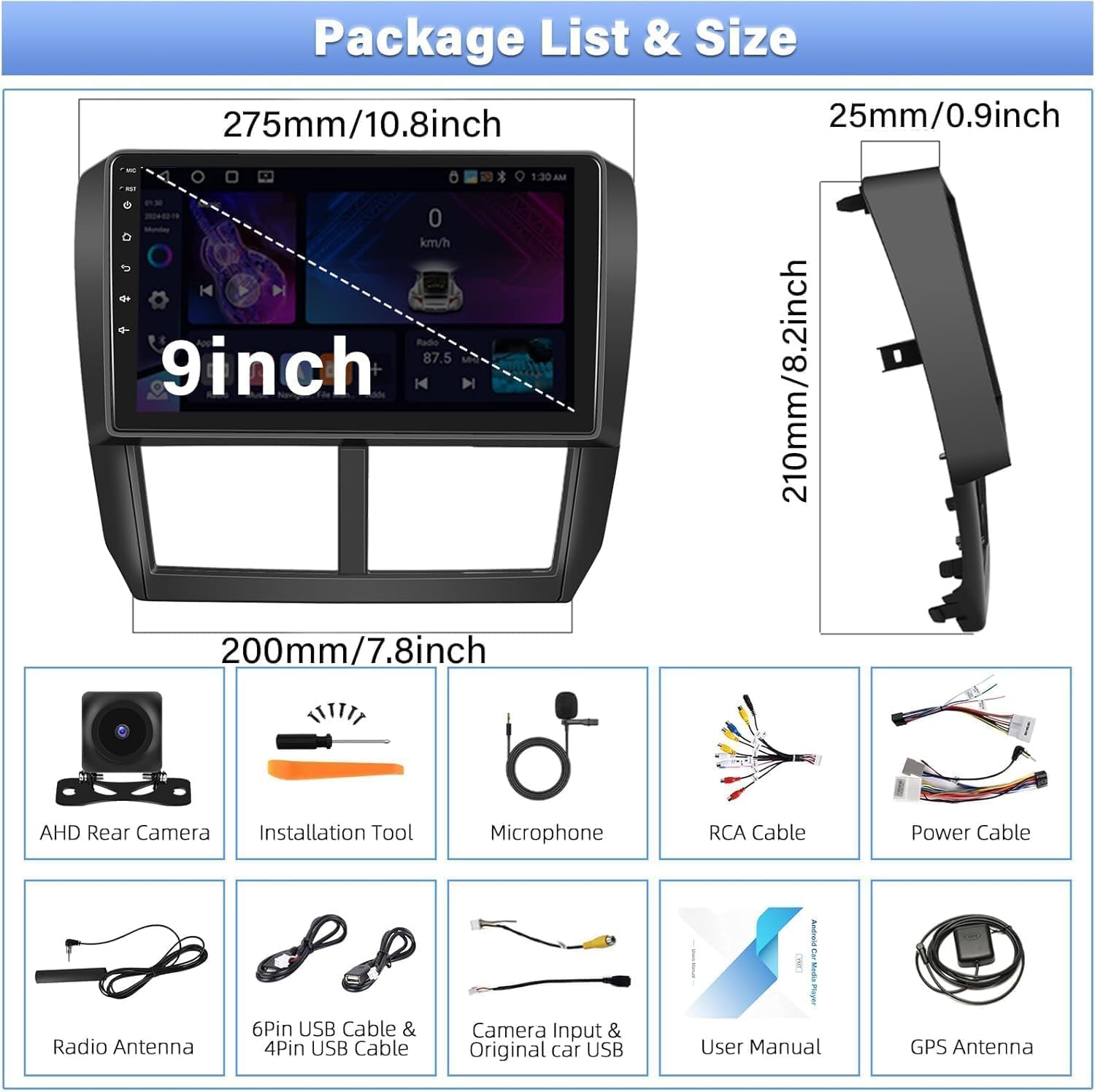 Diagram showing all components included in the Zomolither car stereo package