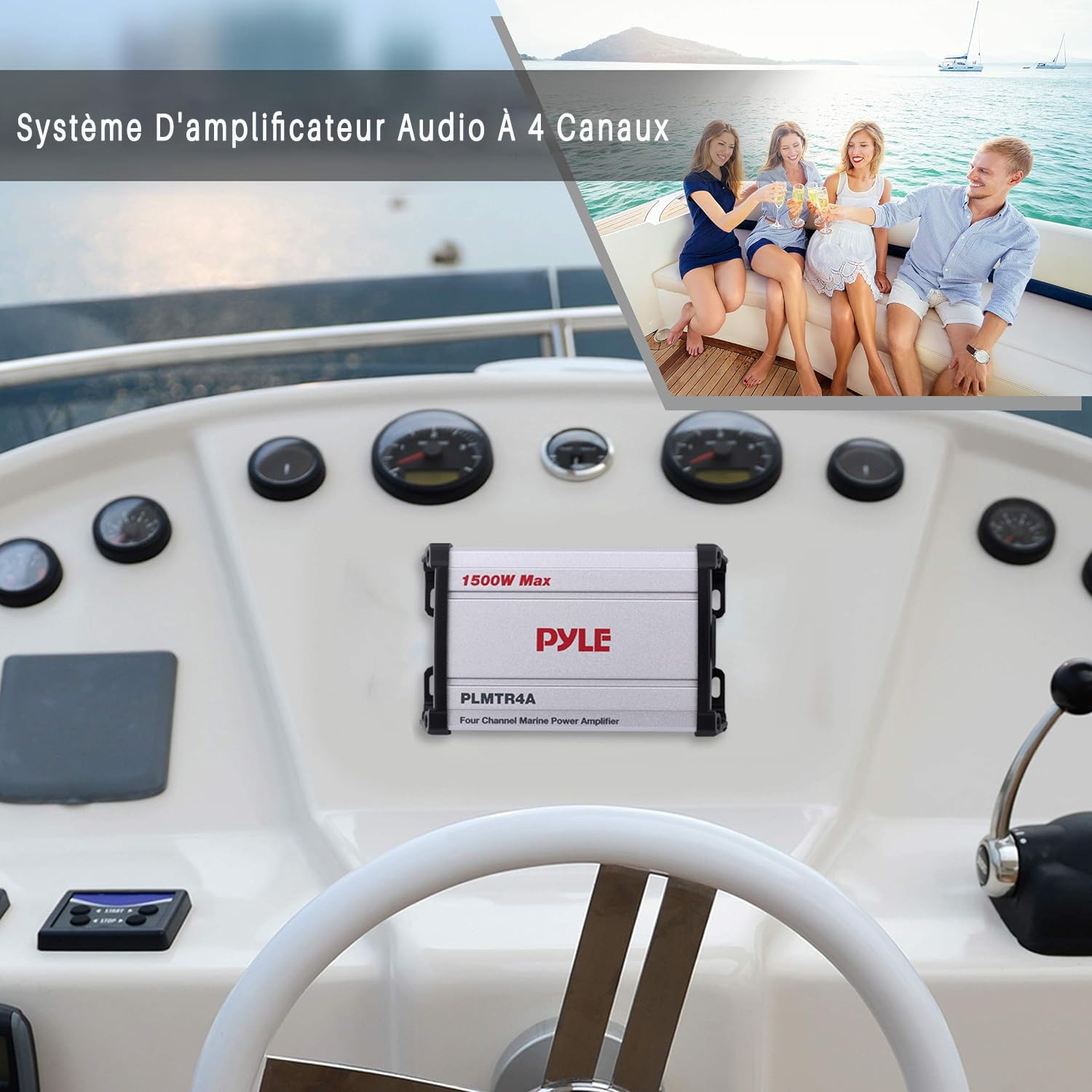 Pyle Récepteur Amplificateur Marin 4 Canaux - Subwoofer Audio Étanche et Résistant aux Intempéries pour Haut-parleurs Stéréo de Bateau et Autres Embarcations - Puissance de 1500 Watts, Câble D'entrée