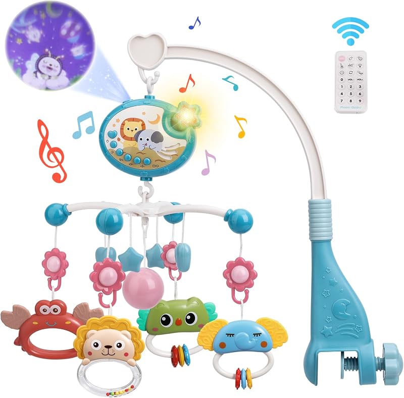 celular Bebé para Cuna con 400 Melodías y Proyección de Estrellas Azul | Temporizador, luz nocturna, sonajero giratorio, control remoto, moisés, juguetes para cuna colgantes para niños y niñas