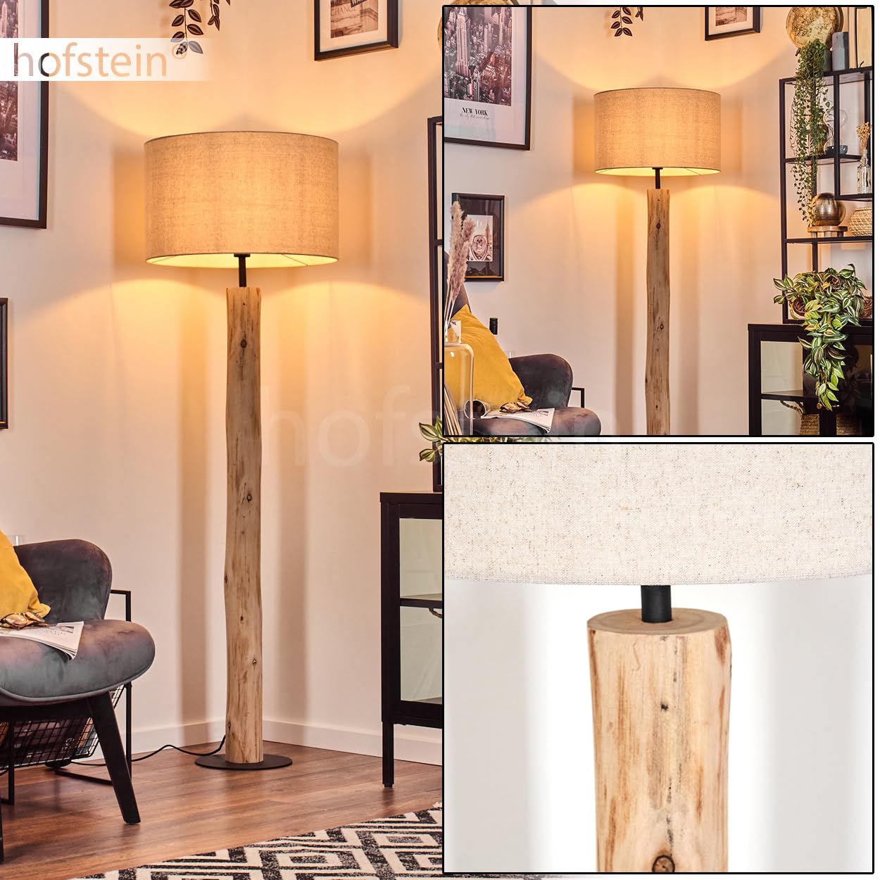 Stehleuchte Flemming, Stehlampe aus Holz/MetallStoff in Natur/Schwarz/Beige, Leuchte im skandinavischen Design mit rundem Schirm (Ø 50 cm) u. Fußschalter, Höhe 159 cm, 1 x E27, ohne Leuchtmittel