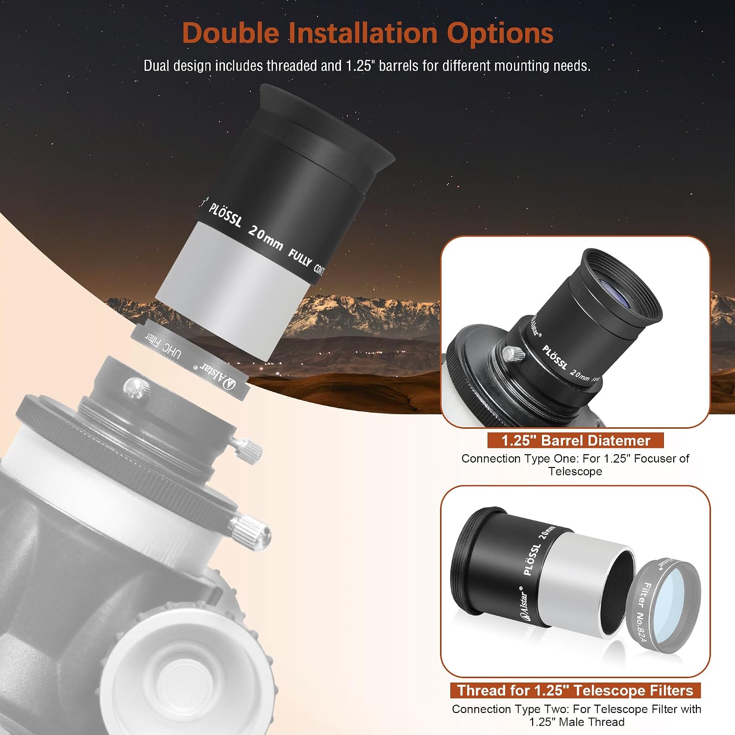Alstar 1.25 Inch Plossl Telescope Eyepiece - 20mm Fully Multicoated Optical Lens for 1.25inch Astronomic Telescope and Astronomy Filters - 4 Element Plossl Design