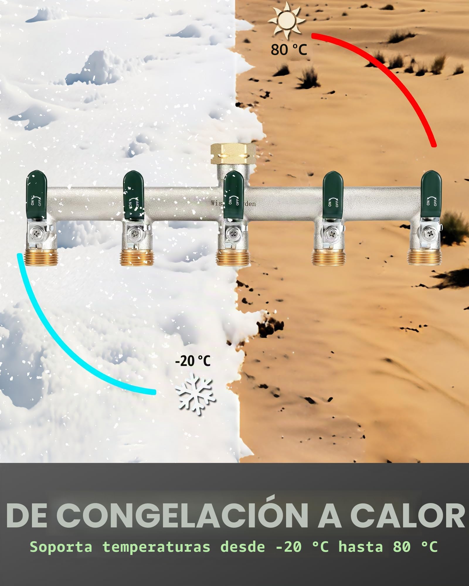 Repartidor de agua de 5 vías, 5 vías, en latón niquelado, para grifo de jardín, 5 vías, con manijas verdes, resistente, conexión hexagonal con adaptadores de 1/2"