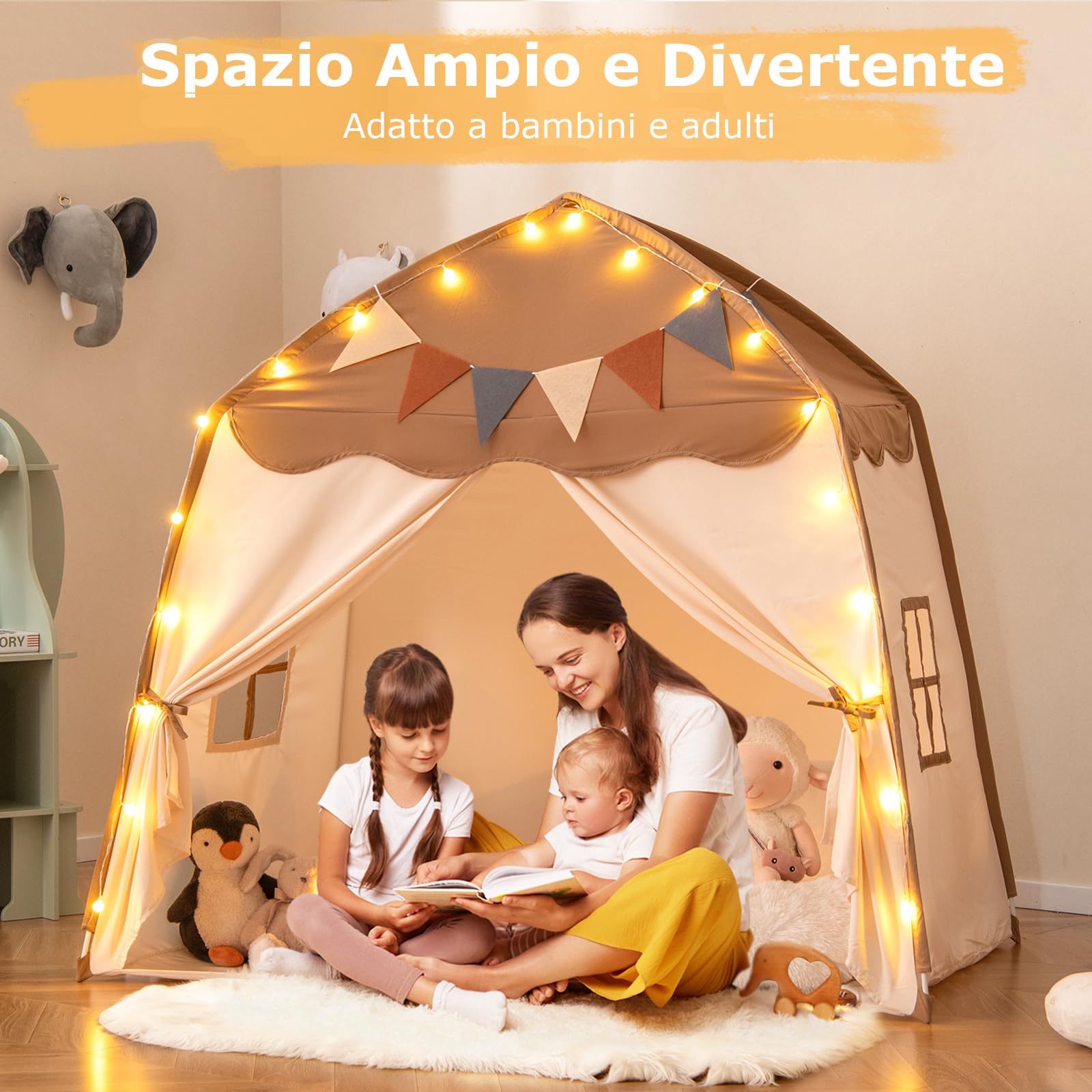 RELAX4LIFE Tenda da Gioco per Bambini fino a 3 Bambini, Tenda Multifunzionale con Luci da 4 m, Bandierine e 2 Finestre Laterali, Tenda Stabile per Giocare e Riposare, 3+Anni (MARRONE)