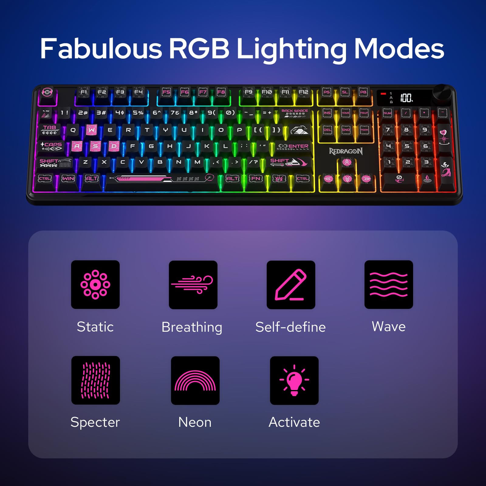 Redragon Teclado inalámbrico K526 PRO RGB para juegos, teclado de 104 teclas de tacto mecánico con pantalla de información LED, control de perilla retroiluminada, interruptor lineal suave y compatible