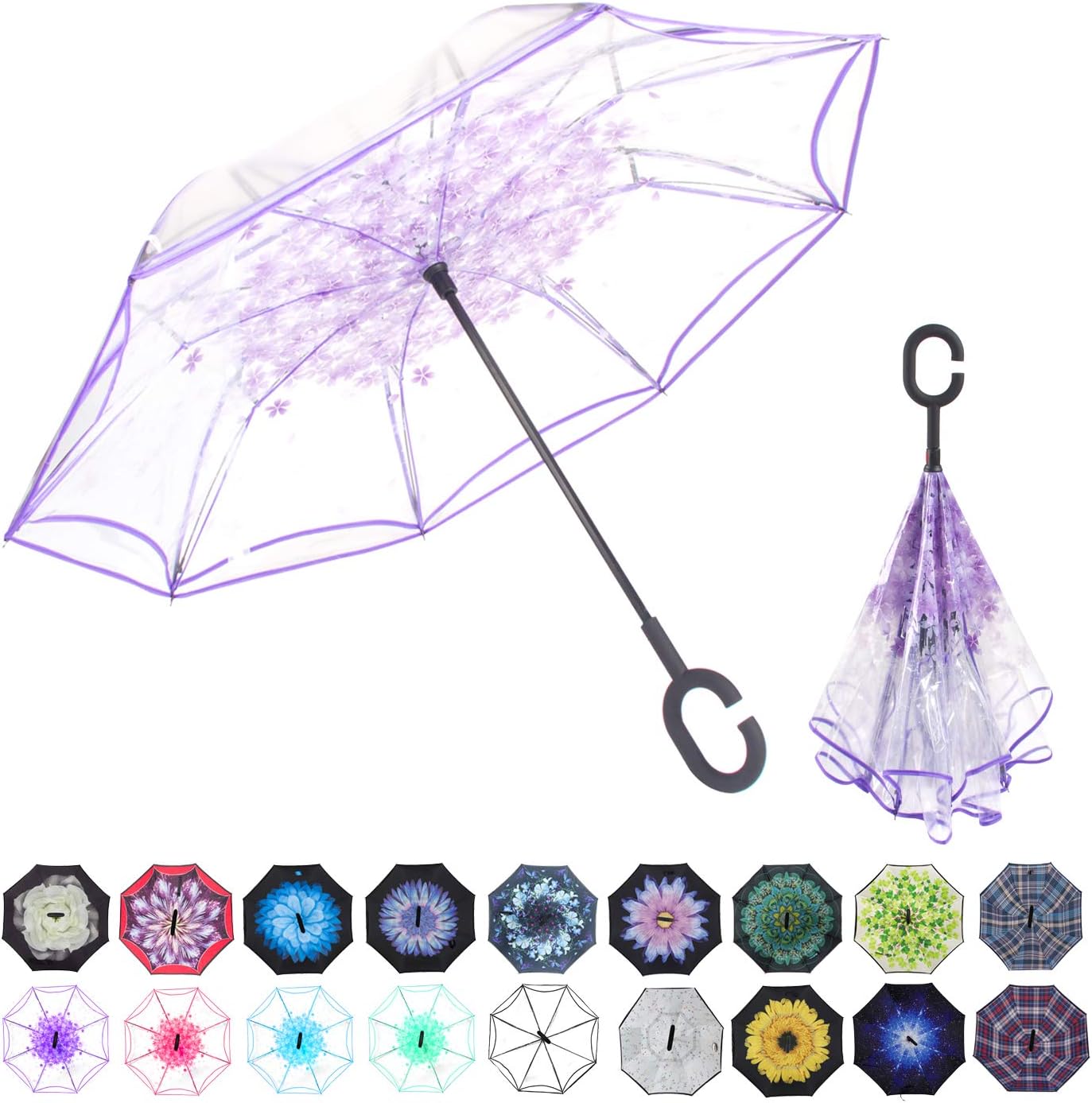 Double Layer Inverted Umbrella Cars Reverse Umbrella, Windproof UV Protection Big Straight Umbrella for Car Rain Outdoor With C-Shaped Handle (transparent purple)