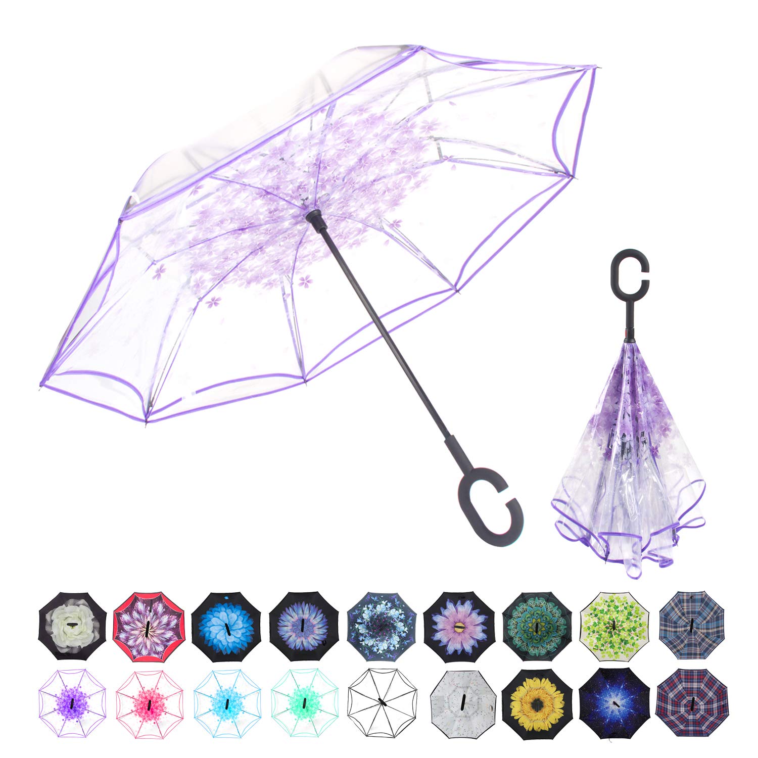 Double Layer Inverted Umbrella Cars Reverse Umbrella, Windproof UV Protection Big Straight Umbrella for Car Rain Outdoor With C-Shaped Handle (transparent purple)