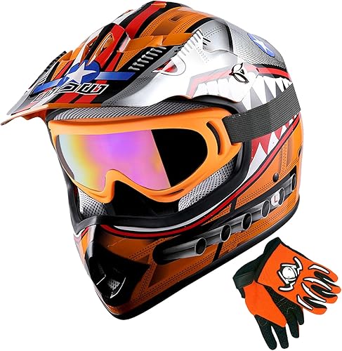 1Storm Casco de motocross juvenil para niños, casco de motocicleta naranja tiburón + gafas + guante naranja juvenil MG