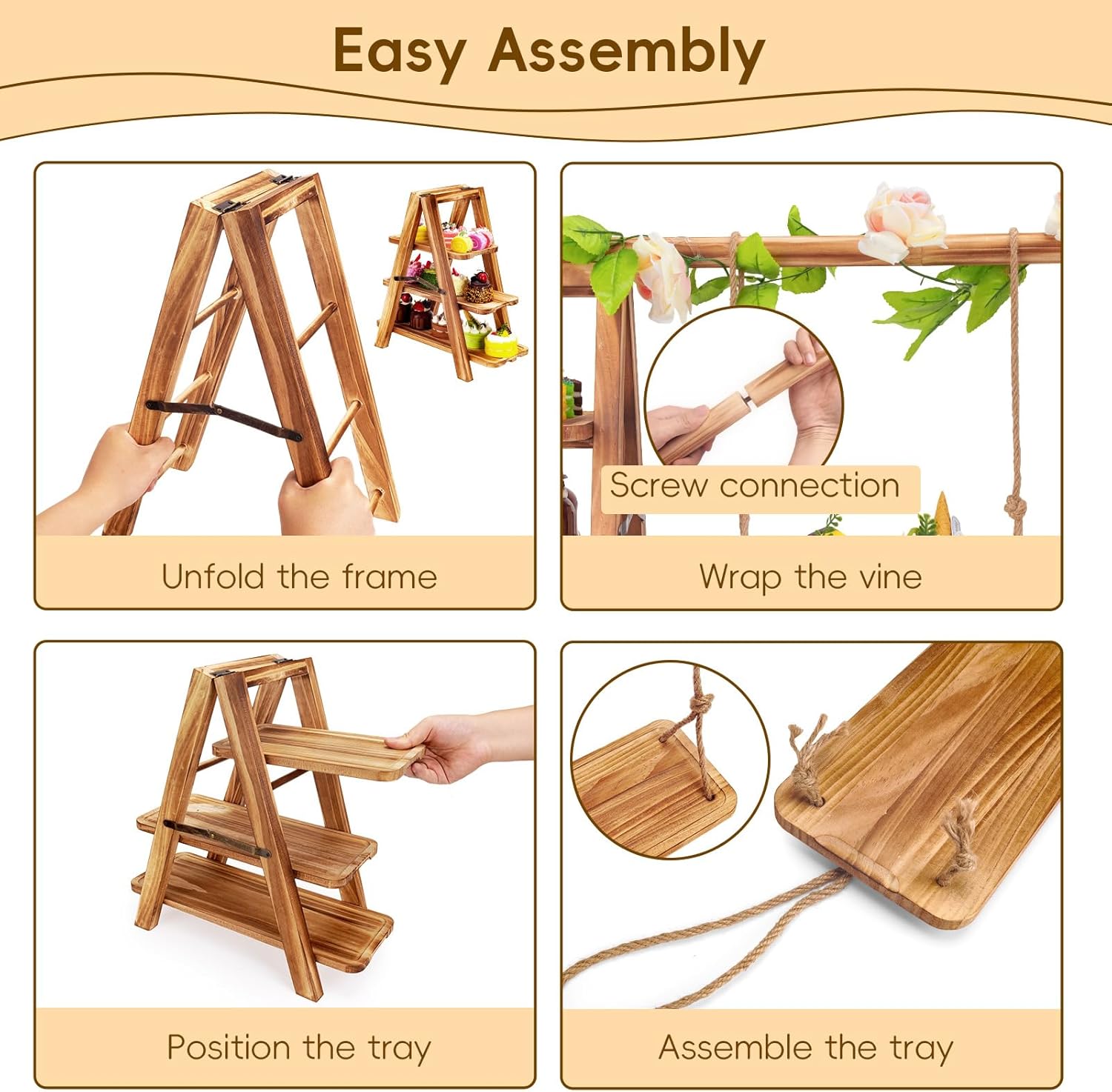 Wooden 3 Tier Cupcake Stand with Artificial Flower Vine Hanging Swing Trays Foldable & Removable Design for Birthday Wedding Catering Baby Shower Party