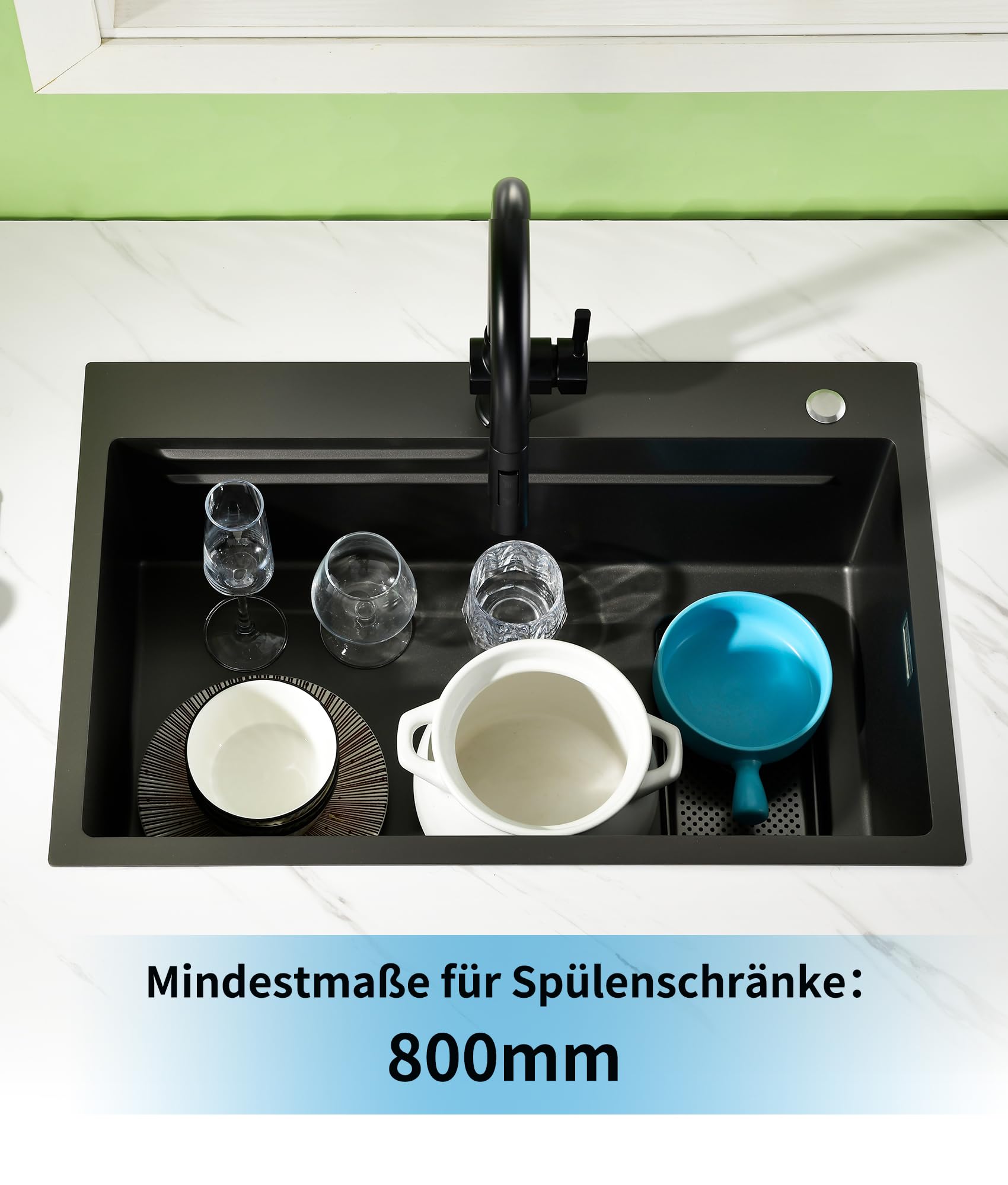 Evier Cuisine 1 Bac Noir 70 × 45 cm,Evier Inox 1 Bac,2 Trous Pour Robinets,Ensemble Comprenant Une CréPine,Un Bac De DéCongéLation,Un Panier De Vidange Et Un Siphon