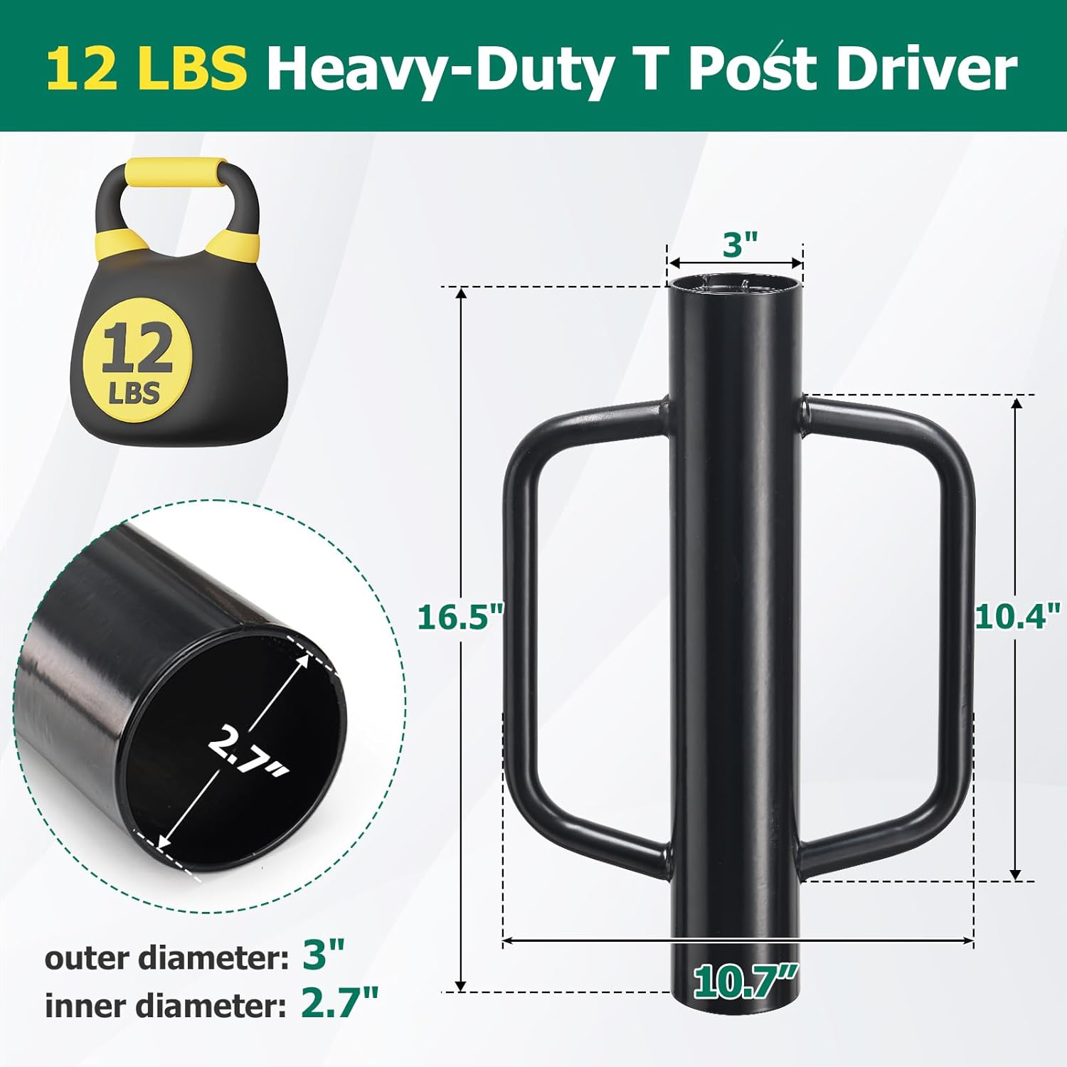 COCONUT T Post Driver, 12 LBS Fence Post Driver with Handles, 16.5 Inch Long Metal Fence Post Pounder, Hand Post Rammer Pilling Tool for U Channel Wooden Post