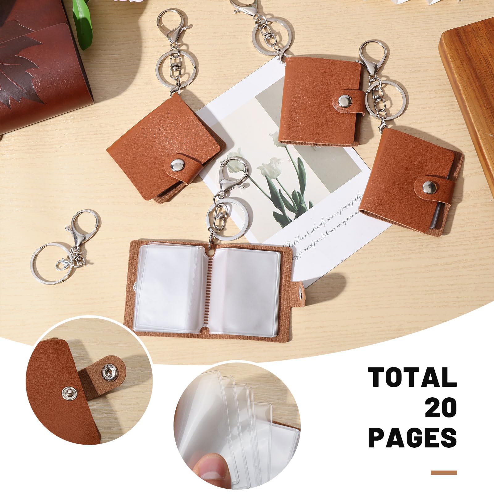 CHGCRAFT 4 Pcs Mini Retro Photo Album Leather Photo Album Customizable Mini Photo Keychain with lobster Claw Clasp Memory Gift for Family Friend Brown - Image 4