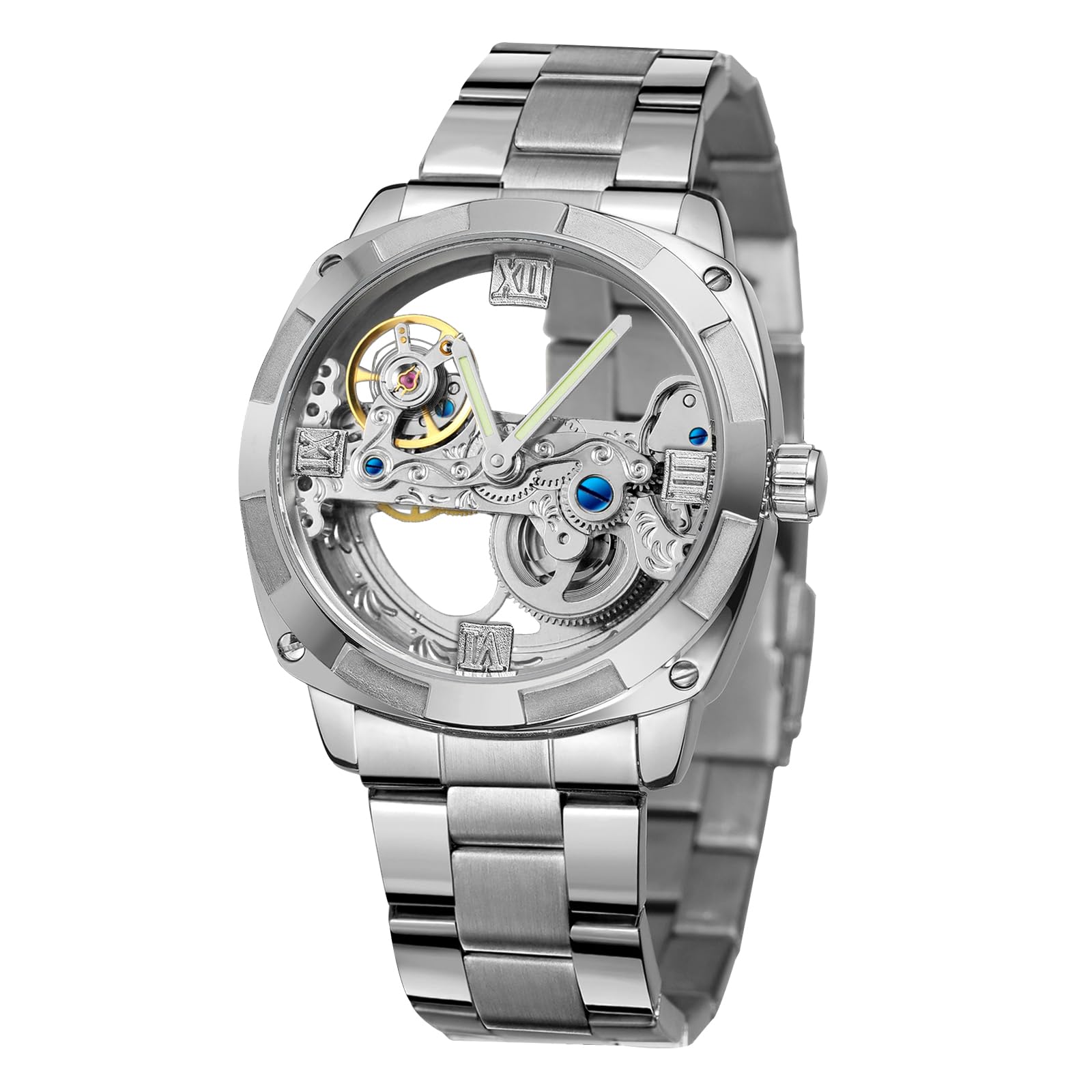 FORSINING Reloj para hombre, clásico, transparente, esfera cuadrada, automático, acero inoxidable, a la moda, para negocios, resistente al agua, luminoso, mecánico, plata