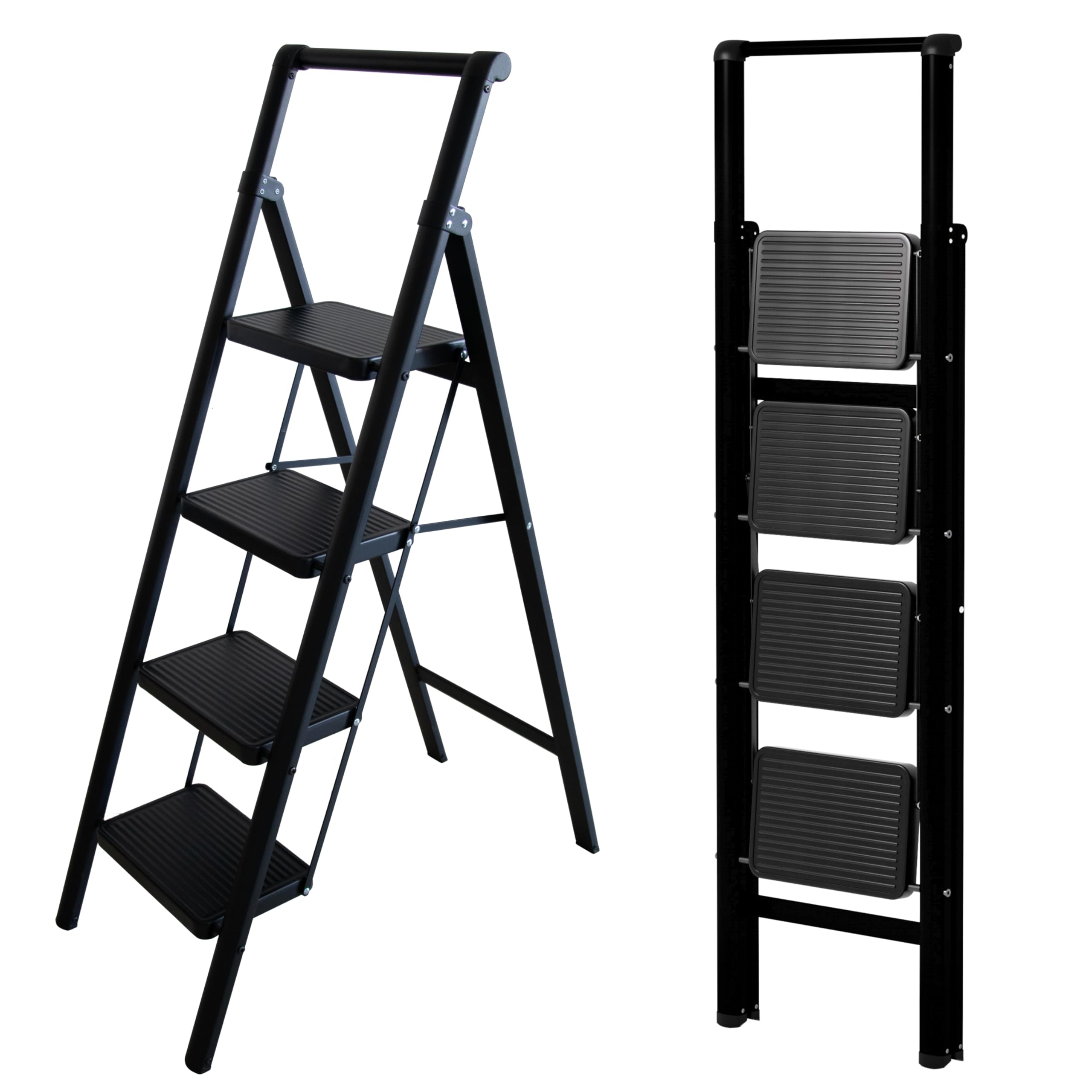 Escalera Plegable 4 peldaños Negra, Ligera y compacta, peldaños Anchos Antideslizantes, certificada EN 131