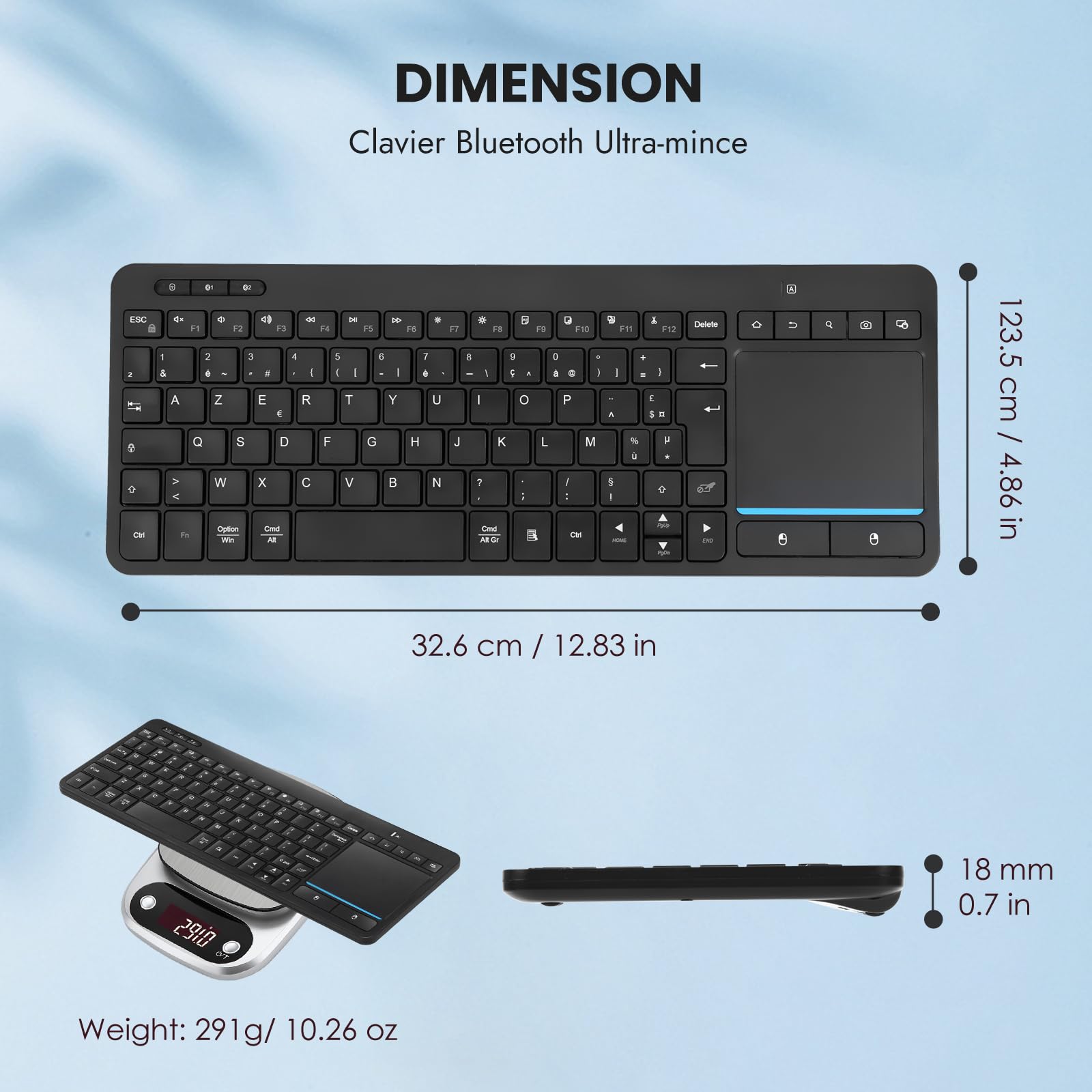 Clavier sans Fil Multi-appareils avec pavé Tactile-Clavier Bluetooth doté d'un Grand pavé Tactile, Compatible avec 3 appareils PC/Windows/Android/Chrome OS/Smart TV/HTPC - AZERTY