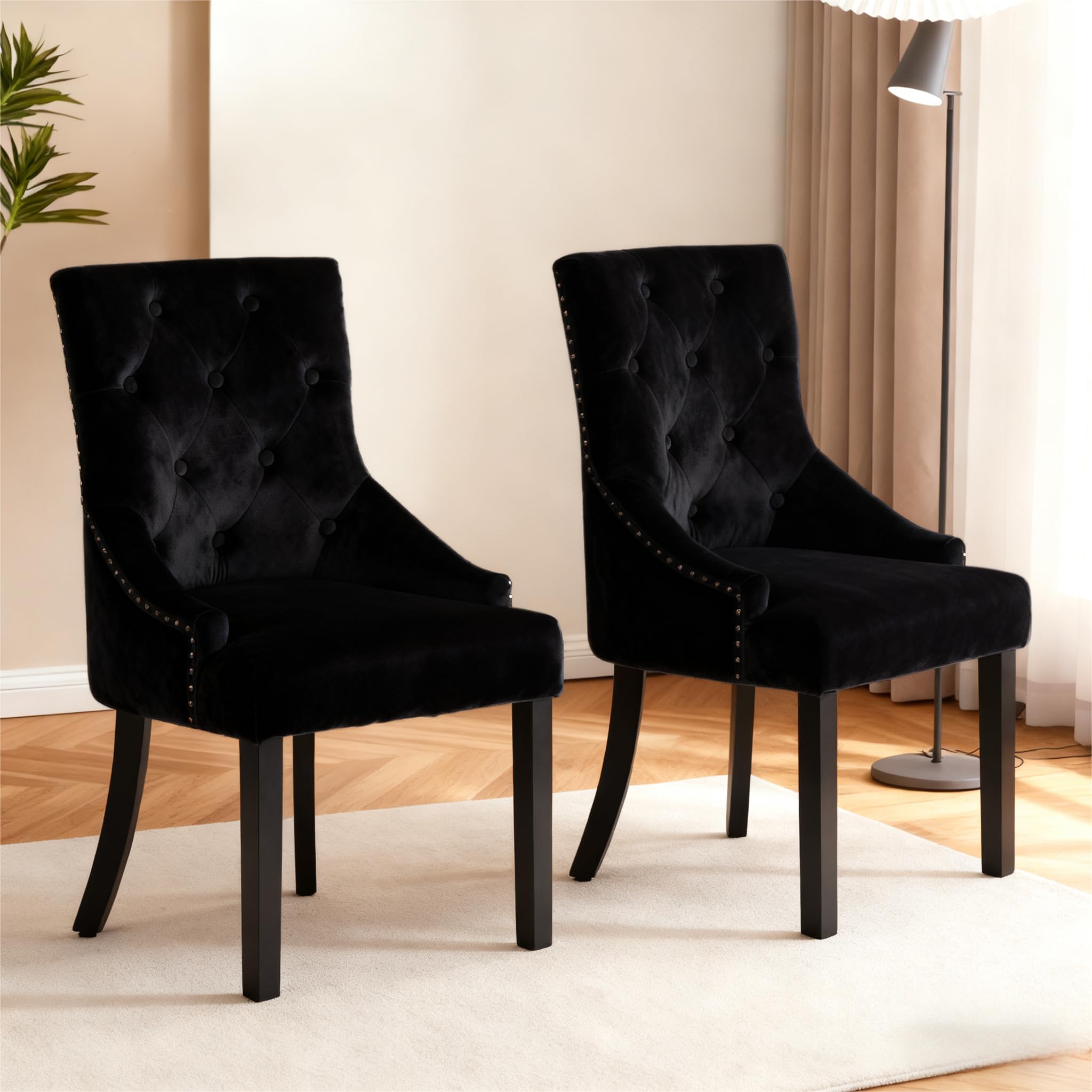 Homullel Velvet Dining Chairs Set of 2, Knocker Back Windsor Chairs for Dining Room, Kitchen (Black)
