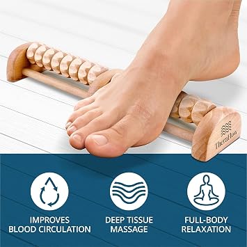 TheraFlow Foot Massage Roller - Plantar Fasciitis & Stress Relief, Reflexology Massager for Diabetic Neuropathy - Relieves Pain Through Acupressure, Relaxation Gift for Women - Dual, Wooden
