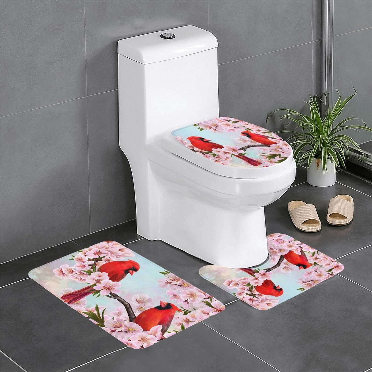 Spring Flowers Cardinal Birds Bathroom Rugs Set 3 Piece, Bath Mat + Contour Mat + Toilet Seat Cover, Non-Slip Soft Microfiber Bathmat for Tub Shower Room Decor, Machine Washable