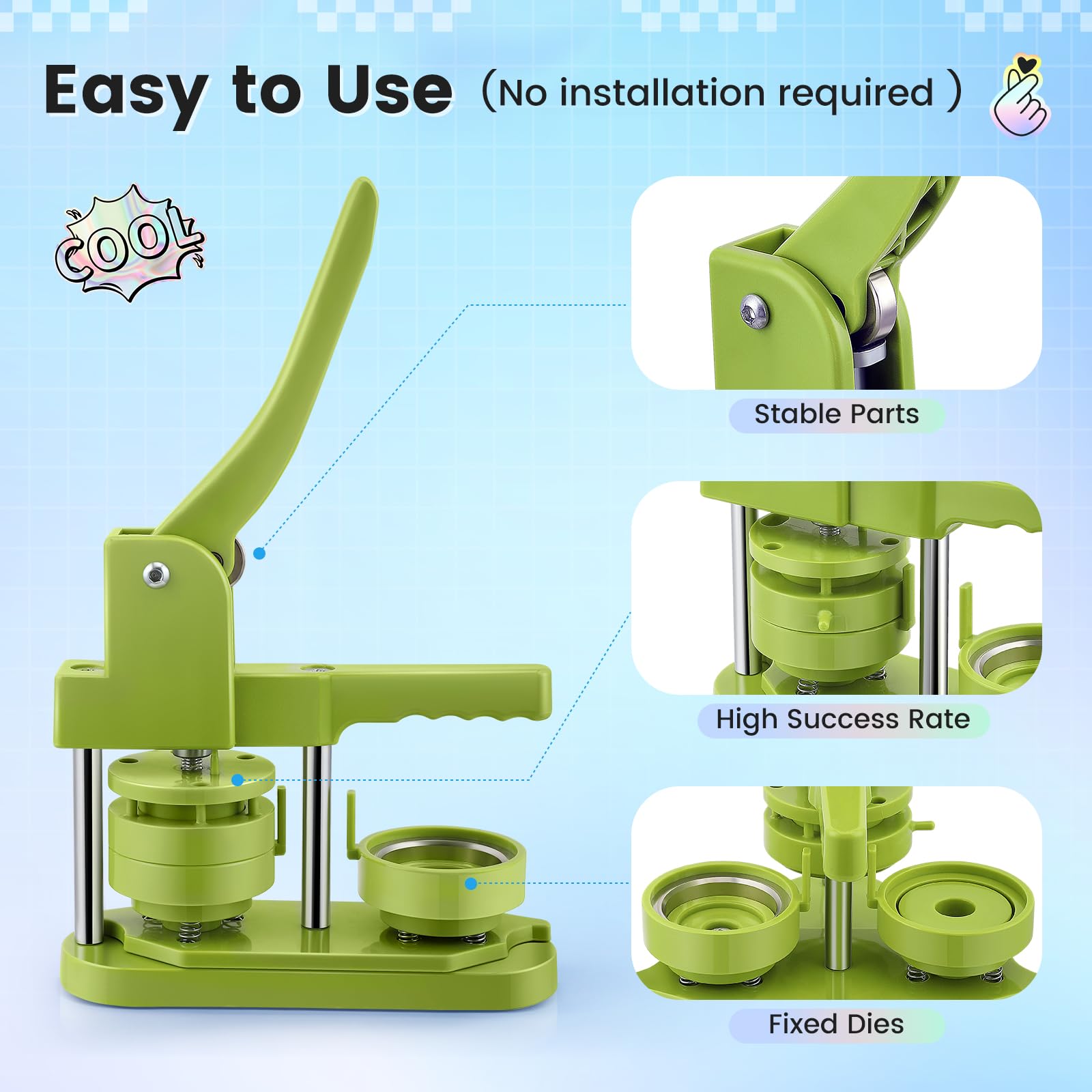 Macchina per bottoni KEYSAFER per creare badge 58 mm, set di pressa per bottoni fai da te senza installazione, con 100 parti in metallo per bottoni, lamina arcobaleno e taglierina rotonda per feste e