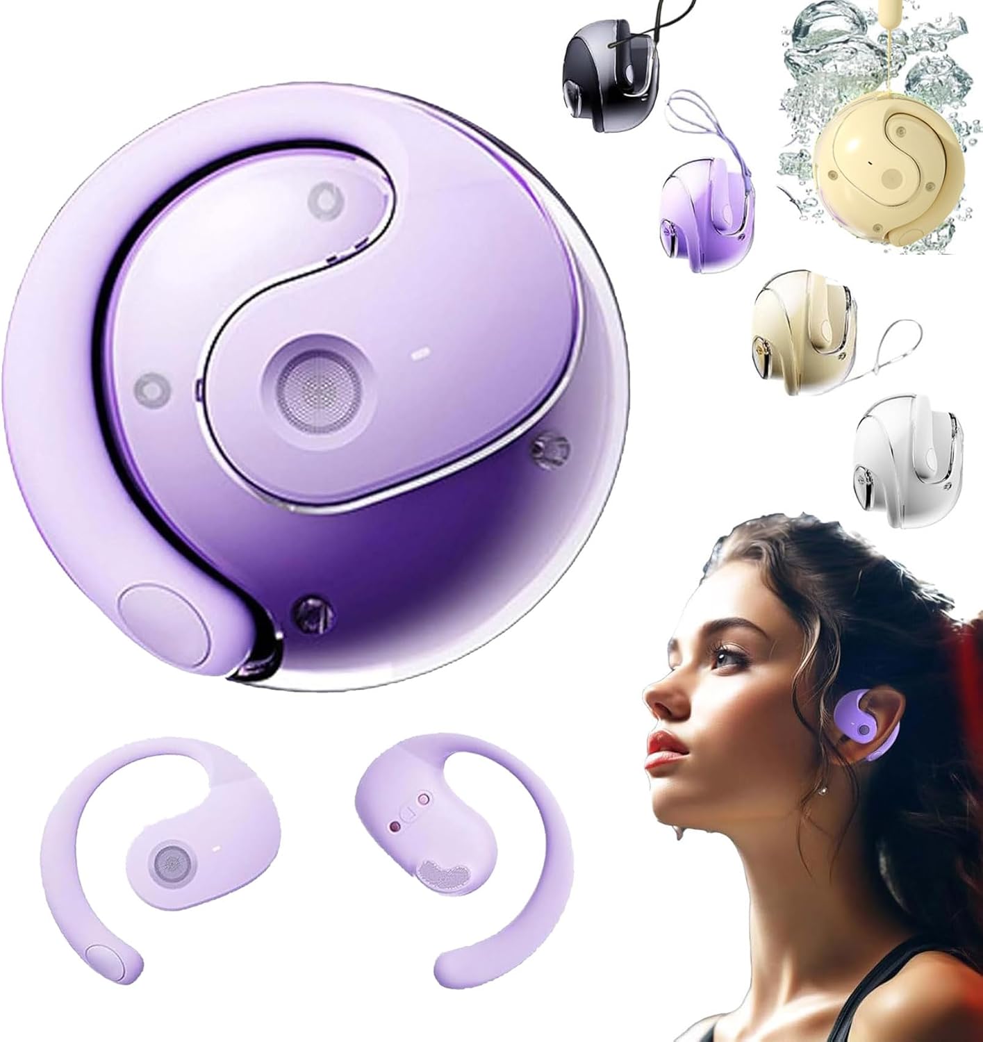 SmoothTec Wireless Headphones in purple, showing the earbuds and charging case, with a person wearing them.