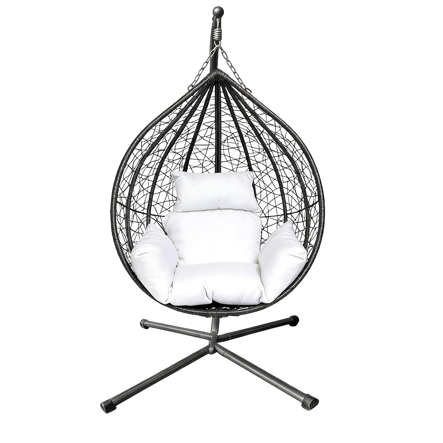 Rattan Swing Egg Chair Garden Swing Chair with Cushion | Indoor Outdoor Hanging Chair with Stand | Hammock Egg Chairs for Garden Bedroom Balcony (Black Egg Chair & White Cushion-four Cornered)