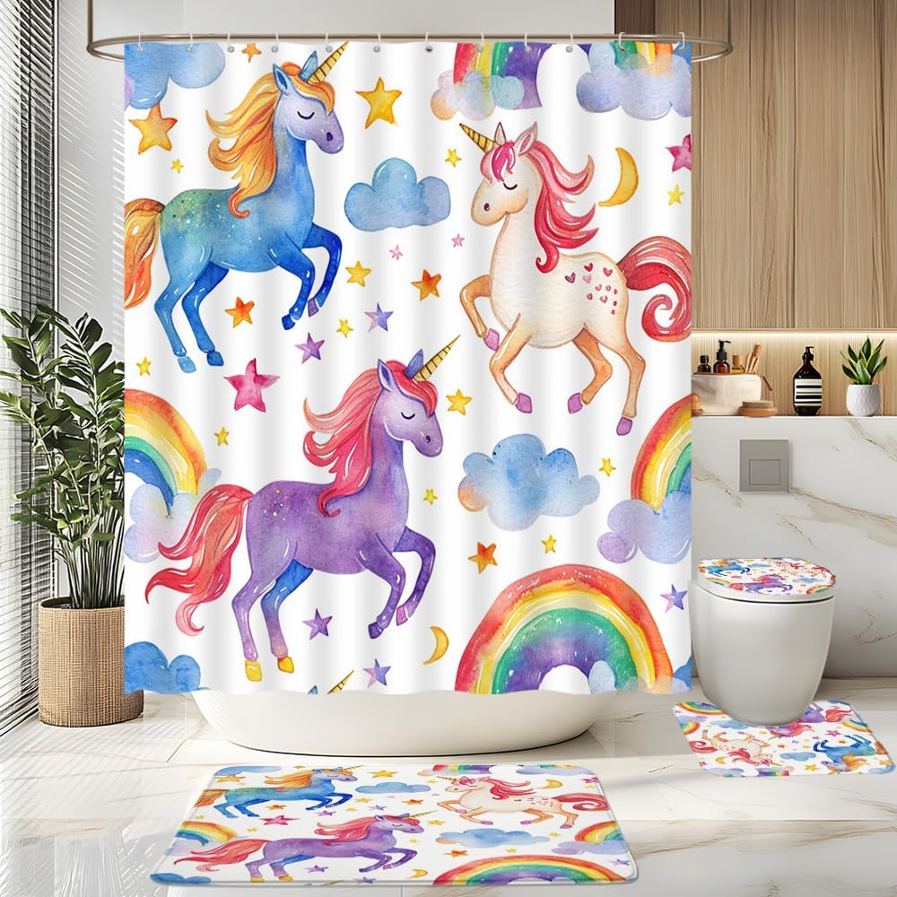 4pcs Cartoon One Horned HorseShower Curtain Set with Bath Mat Toilet Cover Mat and U Shape Rug Childish Fantasy Animals Rainbow Colorful Clouds Stars Lovely Princess Bathroom Decor