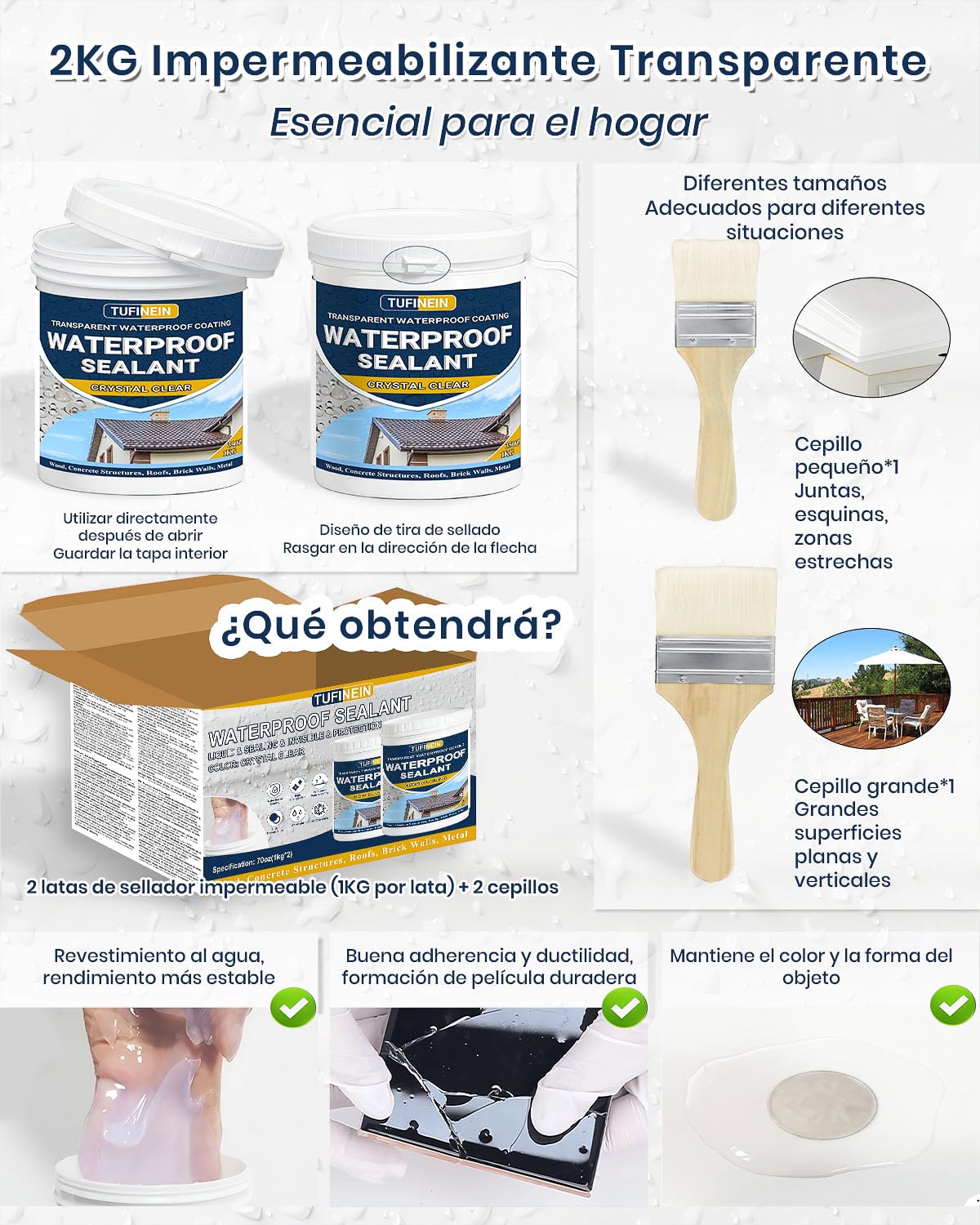 Impermeabilizante Transparente 2 KG, Revestimiento Impermeable Definitivo Interiores y Exteriores, Sellador de Fugas Transparente Revestimientos Impermeables al Agua