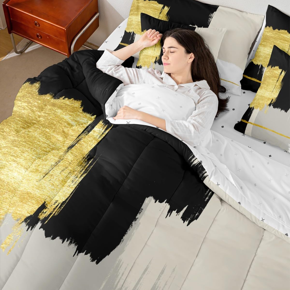 Feelyou Kids Black Gold 7 Piece Bedding Set Queen Size Geometric Abstract Art Comforter Set with Sheets for Boys Girls Modern Abstract Bed in a Bag