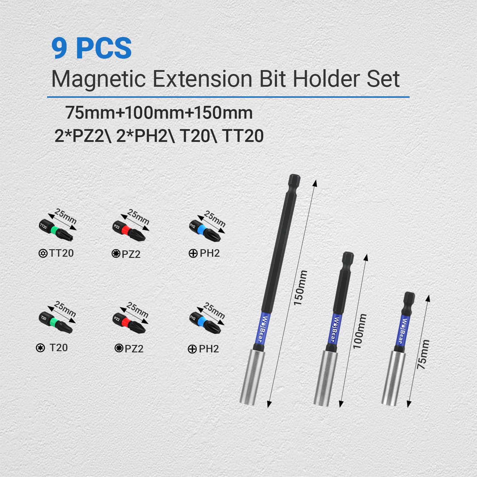 WojBear 3 PCS Magnetic Extension Bit Holder Set, 75mm 100mm 150mm - Image 2