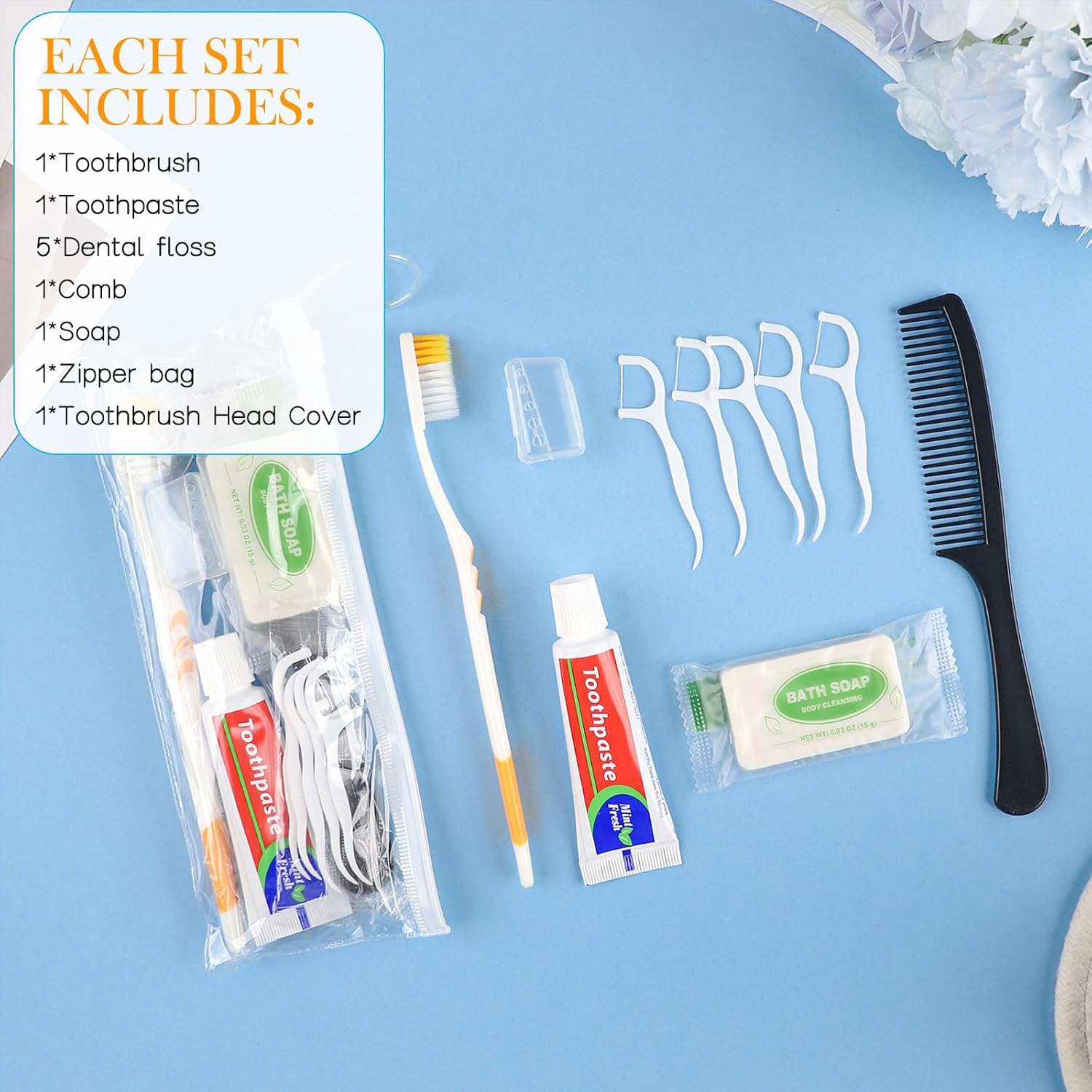 Personal Care Travel Toiletries Sets Bulk - Pack of 50,Disposable Toothbrushes with Toothpaste and Floss,Comb,Soap,Cover,Zip Bag 7-IN-1 Travel Size Toiletry Kit for Hotel,Guest,Homeless,Charity,Church - Image 7