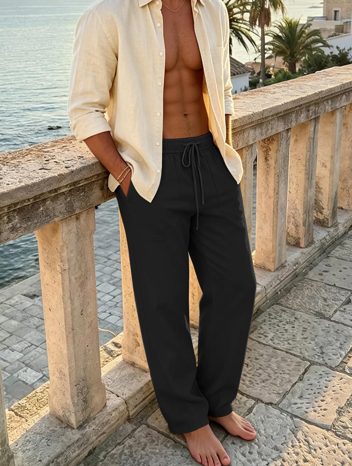 Puimentiua Leinenhose Herren,Lang Leichte Sommerhose,Sommer Leinen Hosen,Loose Fit Baumwollehosen mit Tunnelzug und Taschen (S-3XL)