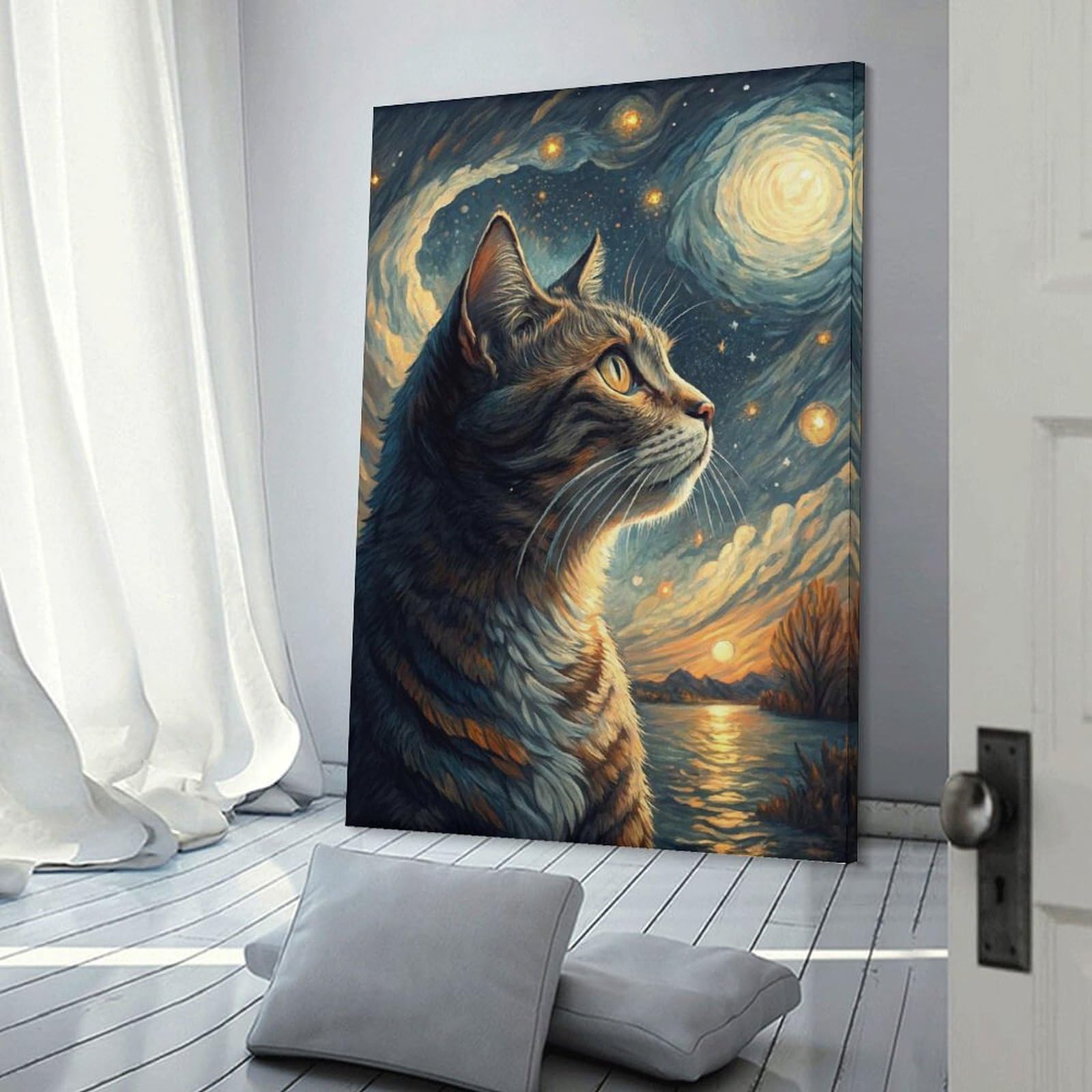 Junmoney Cat Looking at Starry Sky Decorative Canvas Print, 08x12inch(20x30cm), for Gallery Wall Decor And Room Displays, Wall Decor Suited to Curated Displays