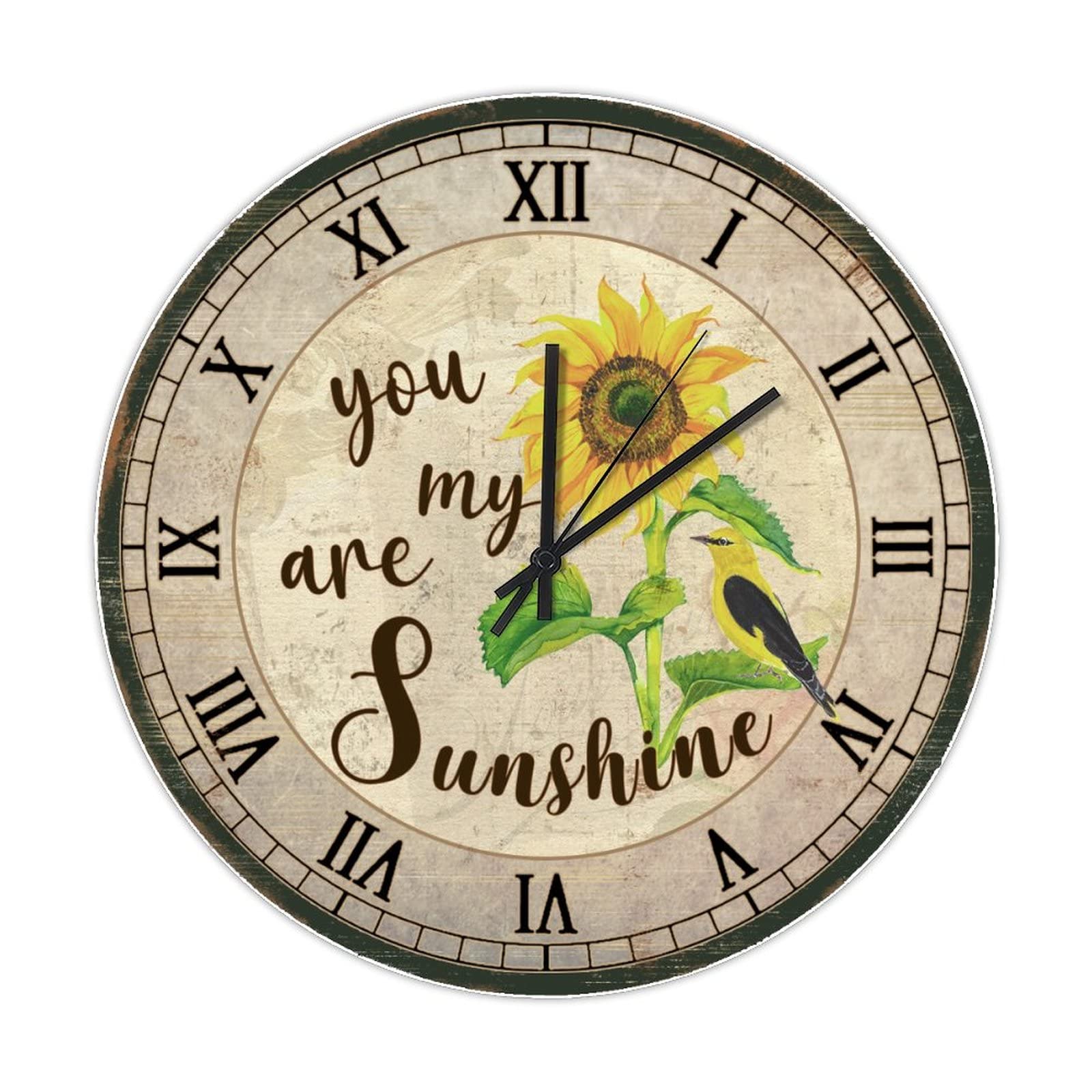 Horloge murale ronde en bois 38cm grand format retro fleurs de tournesol pour decoration
