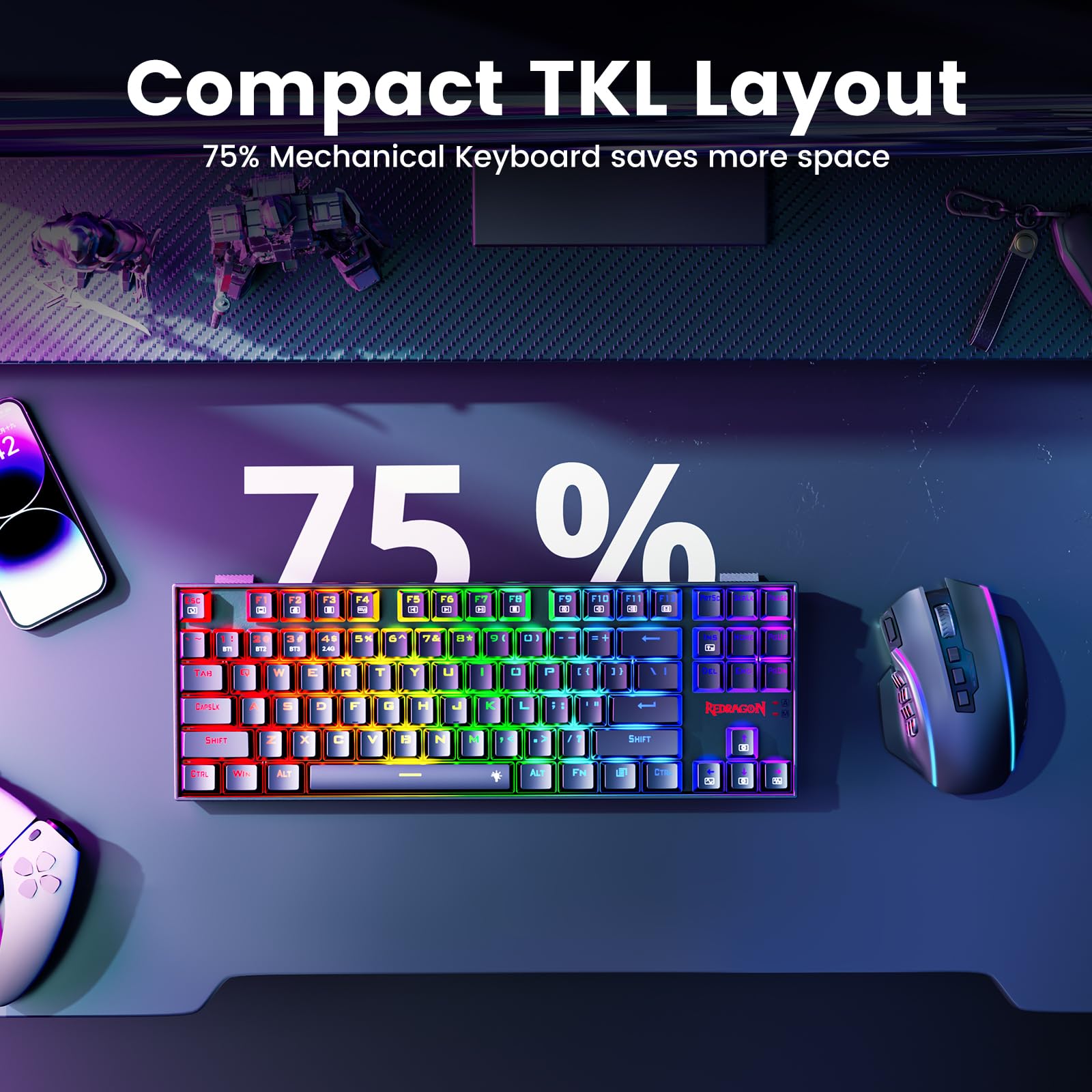 Redragon Wireless Gaming Keyboard, BT/2.4Ghz Tri-Mode Mechanical Keyboard, buit-in Battery, Programmable 87 Keys TKL, LED Rainbow Backlit - K552-KRS view 5