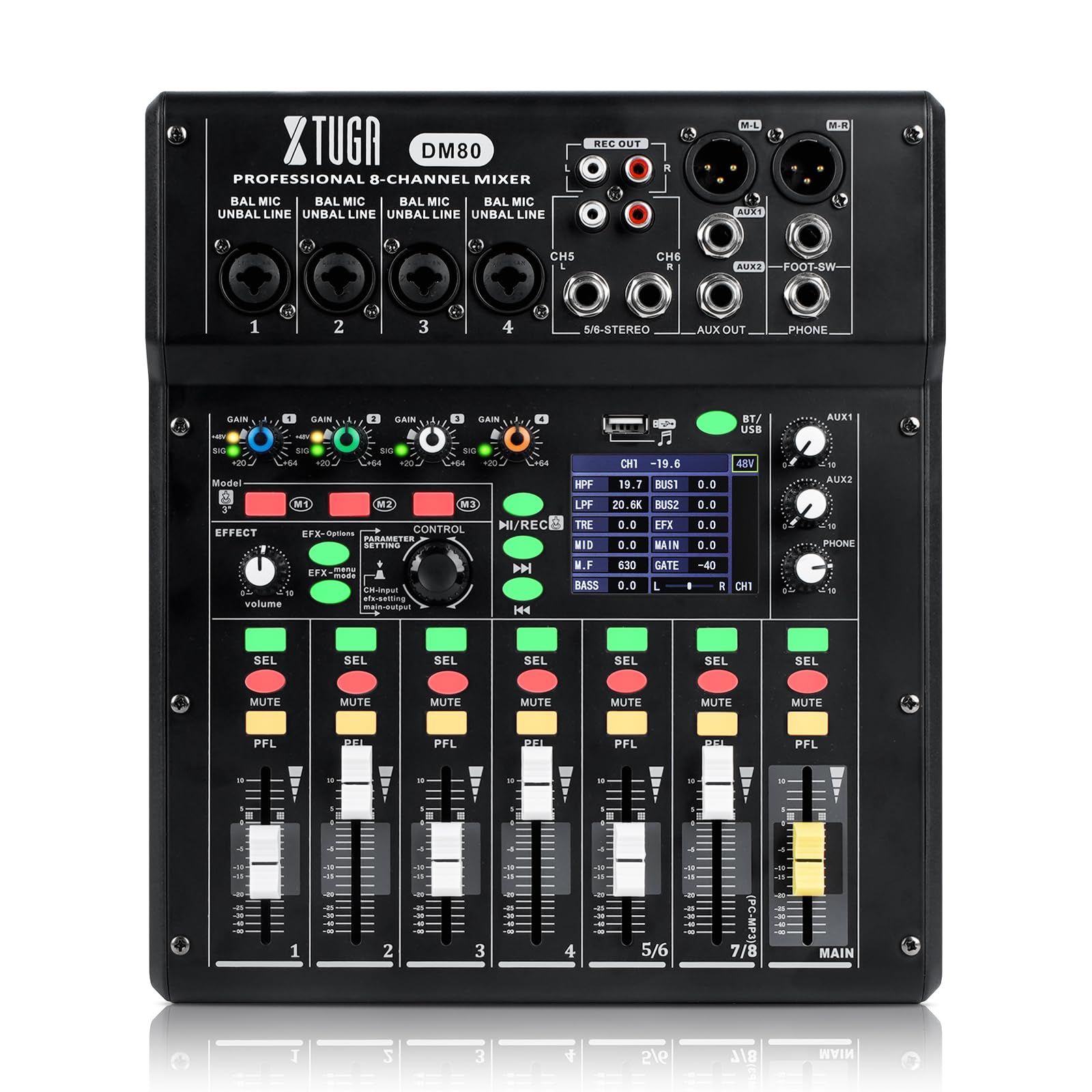 XTUGA Mixer digitale a 8 canali, multitraccia con mixer alimentato (DM80) | Qualità da studio, 24 bit/48 kHz, mixer DJ per live streaming/home studio/produzione musicale/podcast