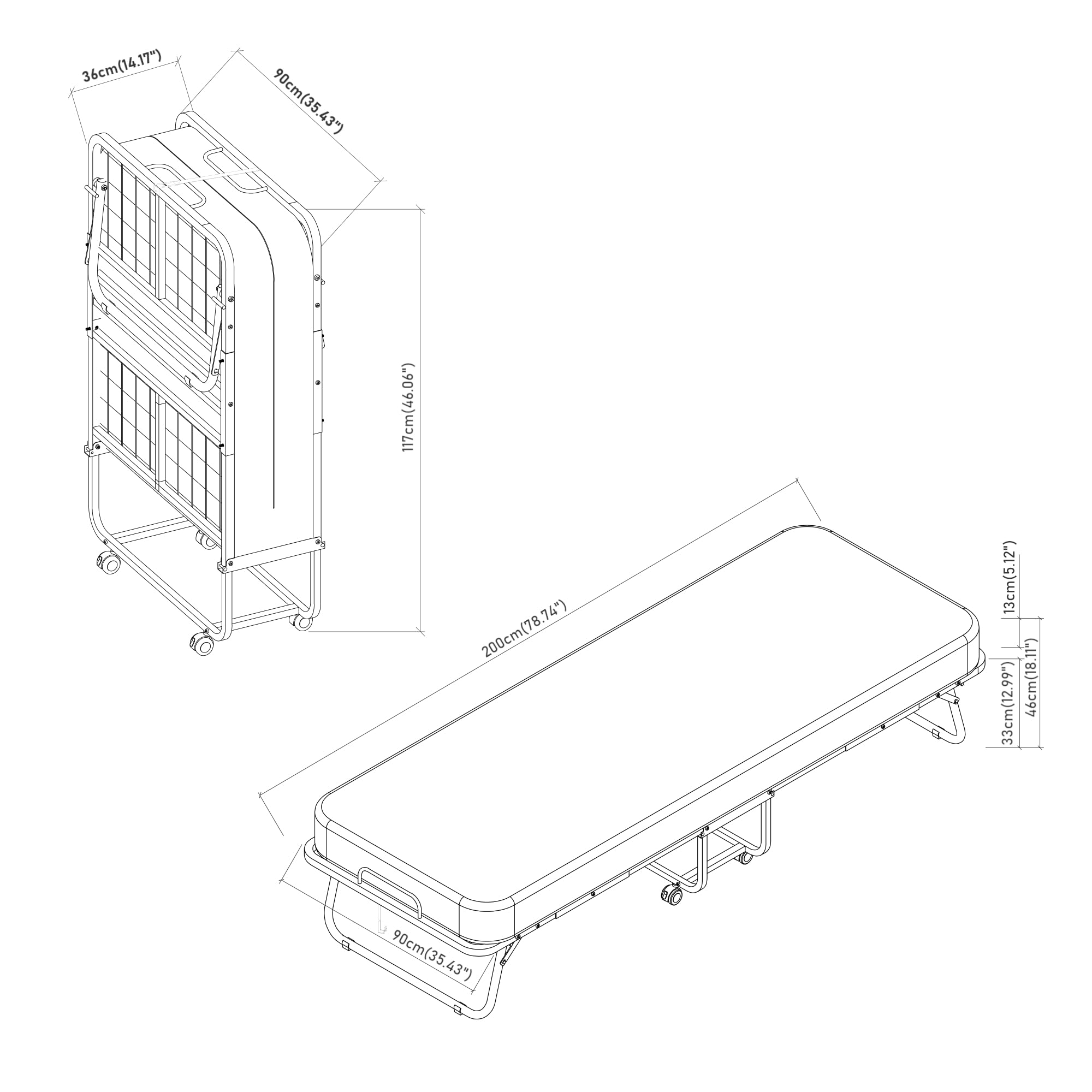 [en.casa] Letto Pieghevole con Materasso in Schiuma a Memoria 90x200 cm Brandina con Rotelle Letto Singolo Richiudibile Portatile Salvaspazio