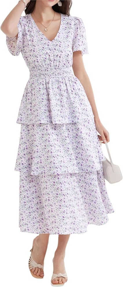 GRACE KARIN Vrouwen Zomer Off-Shoulder Bloemen Maxi Jurk Casual Korte Mouw A -lijn Gesmokte Jurk voor Vrouwen UK, Wit-roze Bloem, L