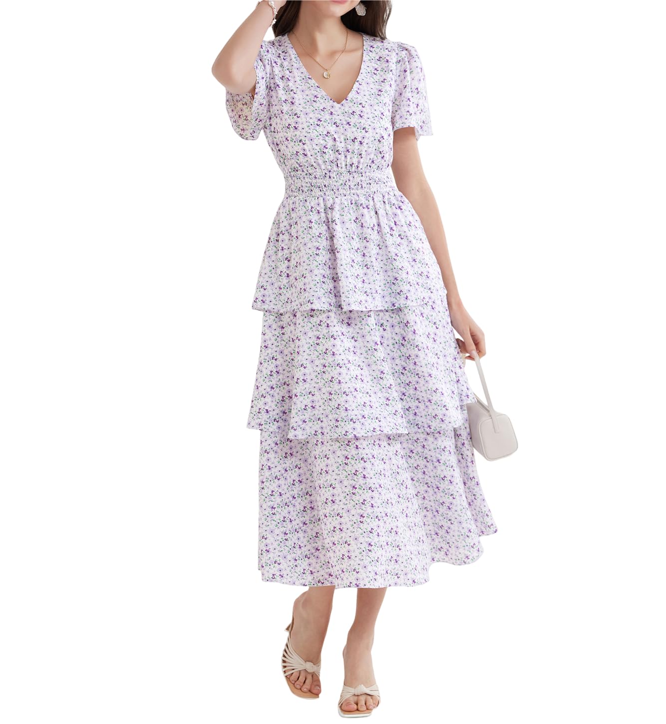 GRACE KARIN Vestido largo de fiesta con estampado floral, acampanado, casual, cuello en V, manga corta con vuelo, vestido escalonado
